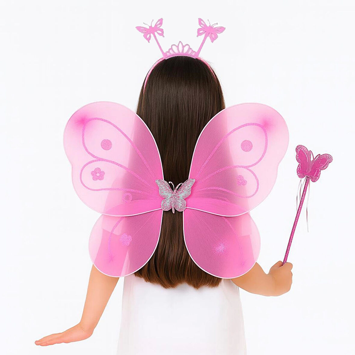 Pembe Kelebek Kız Seti – 50 cm Kelebek Kanadı, Taç ve Asa