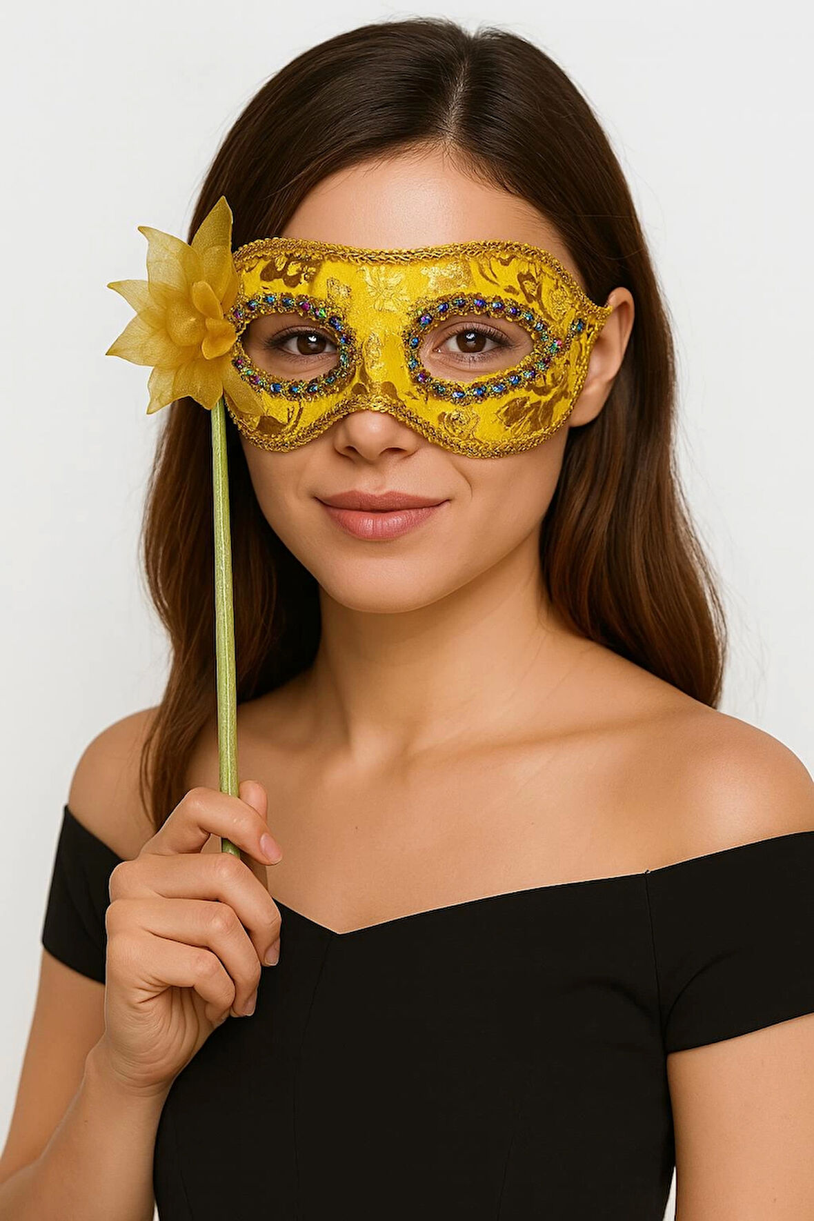 Lüks Taşlı Saplı Maskeli Balo Maskesi Altın Renk 35 cm