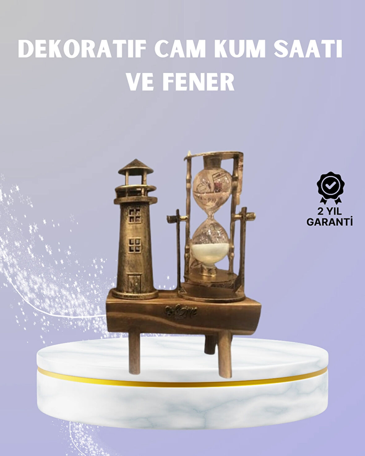 Ahşap Kum Saati ve Deniz Feneri Figürü Bir Arada – Ev & Ofis Dekorasyonu