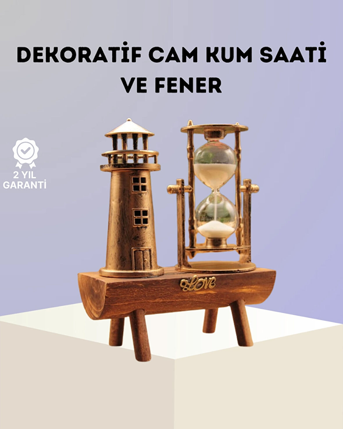 Dekoratif Ahşap Kum Saati ve Deniz Feneri Figürlü Masa Süsü – Şık ve Fonksiyonel Tasarım