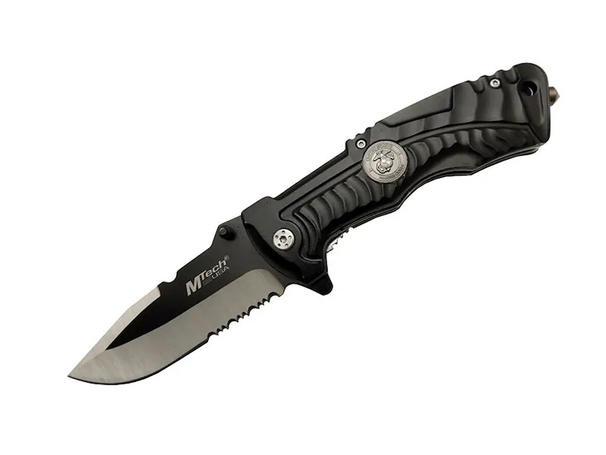 Mtech 4-12-2 Siyah Kurtarma / Kamp Çakısı 21cm- Yarı Otomatik, Testere Detaylı, Cam Kırma Aparatlı, Kemerlikli