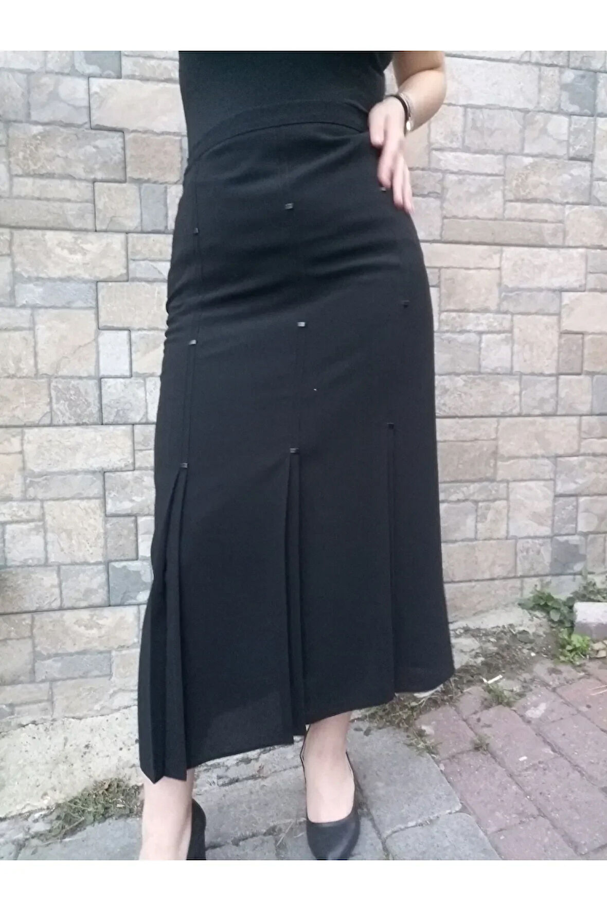 Tesettür Büyük Beden Deri Detaylı Astarl 3 Pileli Portoriko Kumas Anne Eteği