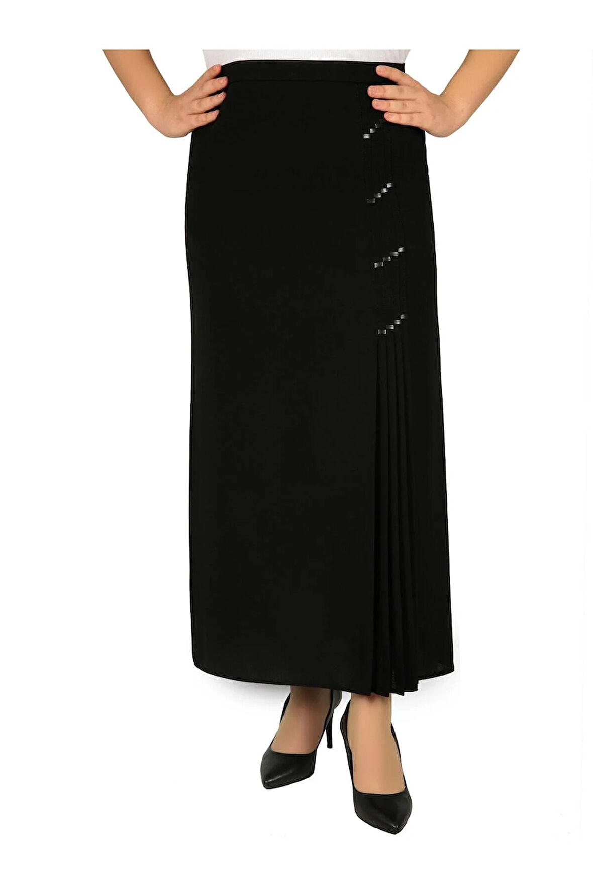 Tesettür Büyük Beden Deri Detaylı Astarlı Pileli Portoriko Anne Eteği