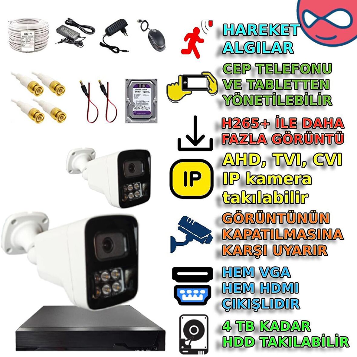 2 KAMERALI HAREKET ALGILAMALI 500GB HDDLİ  GECE RENKLİ GÖSTEREN GÜVENLİK KAMERASI SETİ 2406 MODELİ