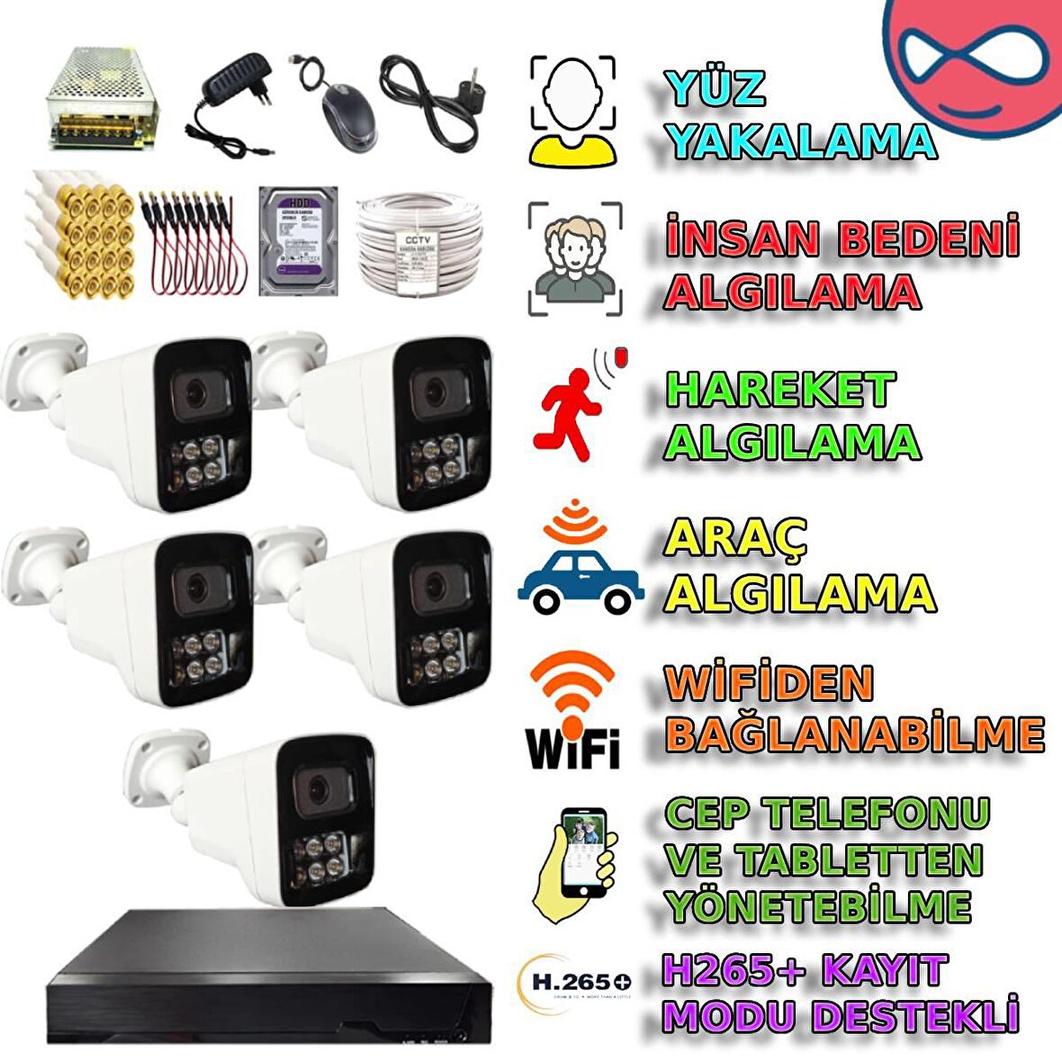5 KAMERALI İNSAN YÜZ ARAÇ HAREKET ALGILAYAN 500GB HDDLİ GECE RENKLİ GÖSTEREN GÜVENLİK KAMERASI SETİ