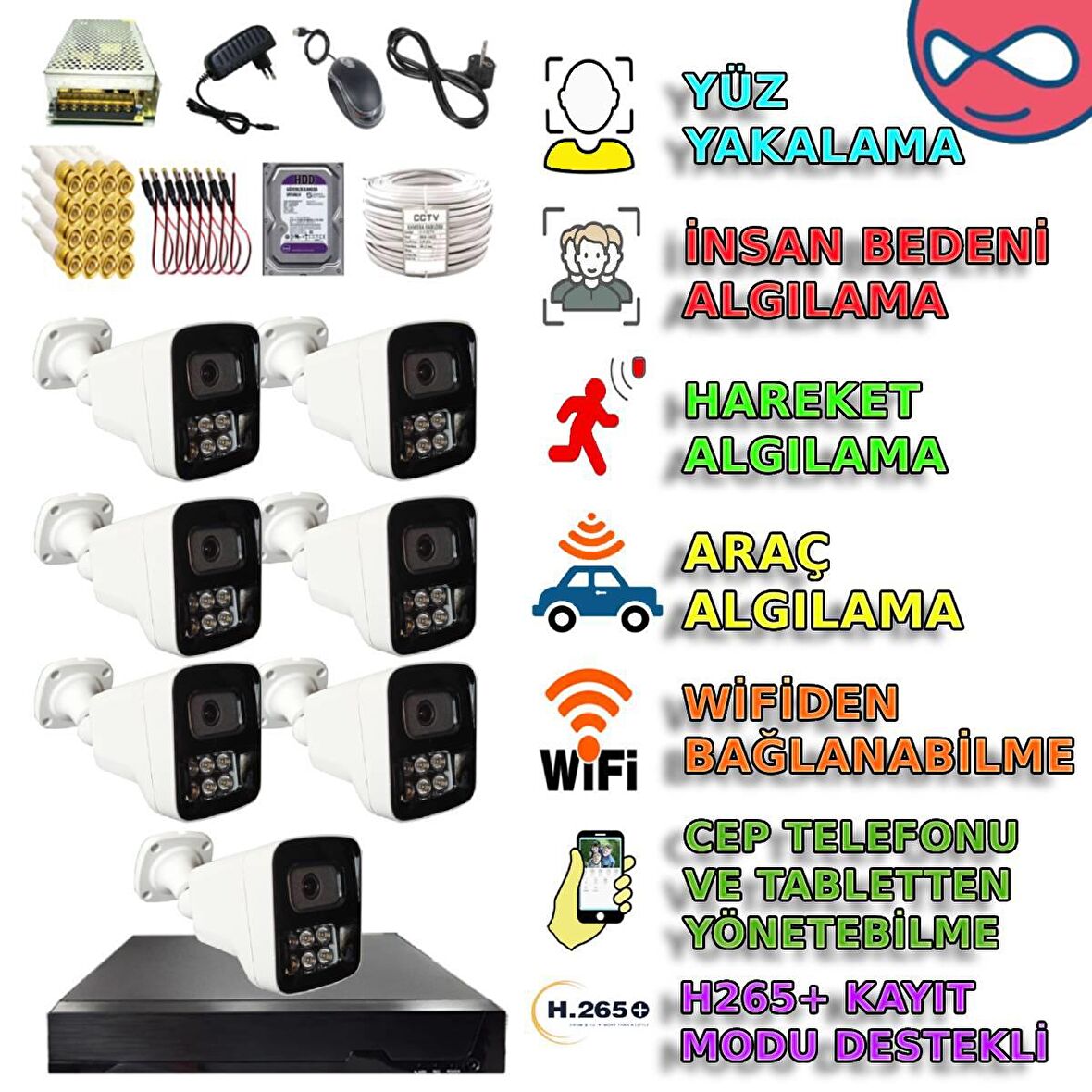 7 KAMERALI İNSAN YÜZ ARAÇ HAREKET ALGILAYAN 500GB HDDLİ GECE RENKLİ GÖSTEREN GÜVENLİK KAMERASI SETİ