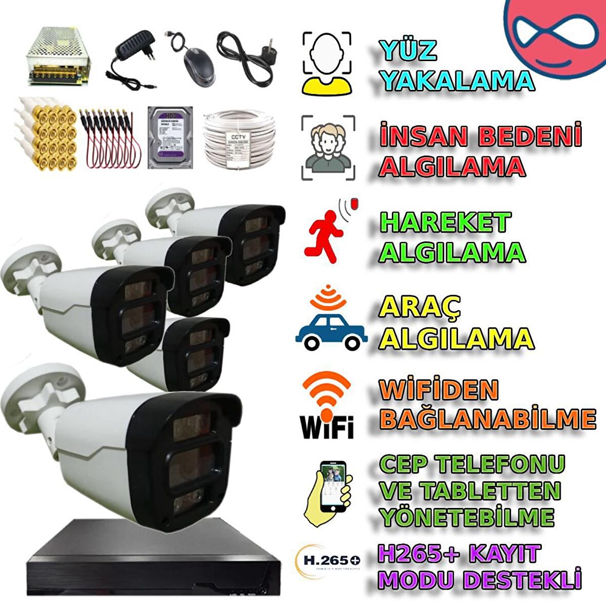 5 KAMERALI GECE RENKLİ GÖSTEREN İNSAN YÜZ ARAÇ HAREKET ALGILAYAN 500GB HDDLİ GÜVENLİK KAMERASI SETİ