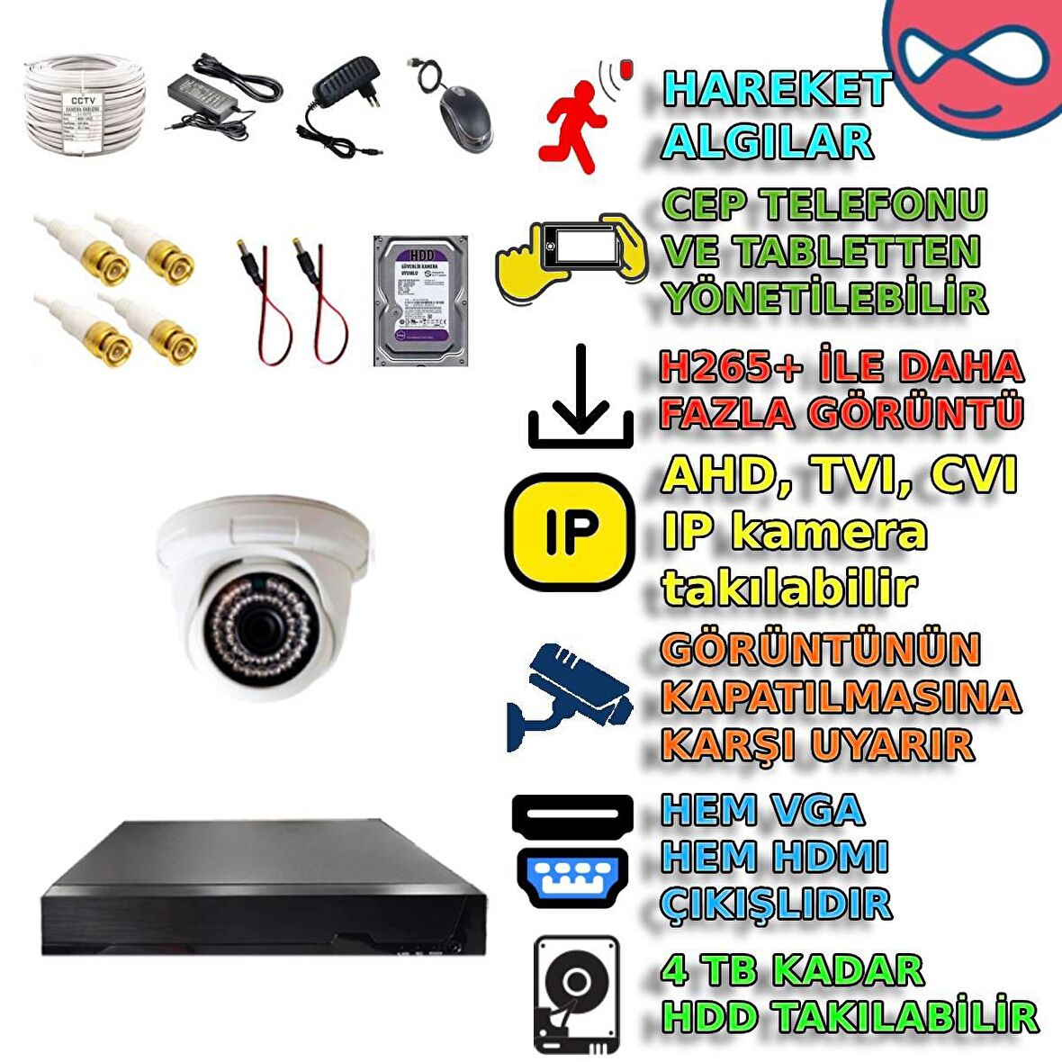 1 İÇ MEKAN DOME KAMERALI HAREKET ALGILAMALI 500GB HDDLİ GÜVENLİK KAMERASI SETİ D136 MODELİ