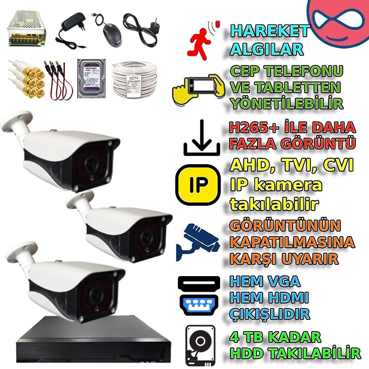 3 KAMERALI ŞIK METAL KASALI HAREKET ALGILAMALI 500GB HDDLİ GÜVENLİK KAMERASI SETİ 336 MODELİ