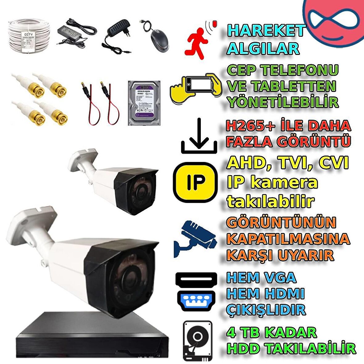 2 KAMERALI 500GB HDDLİ HAREKET ALGILAMALI GÜVENLİK KAMERASI SETİ 406 MODELİ