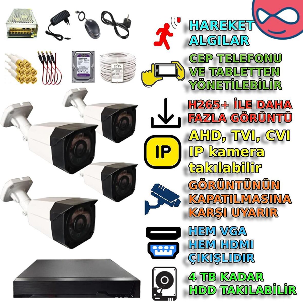 4 KAMERALI 500GB HDDLİ HAREKET ALGILAMALI GÜVENLİK KAMERASI SETİ 406 MODELİ