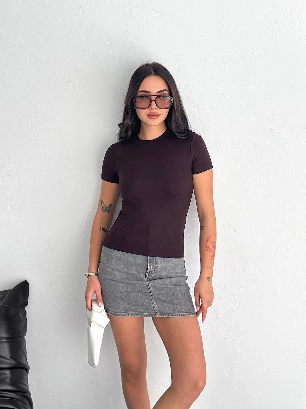 Modal kumaş bisiklet yaka kahverengi tshirt