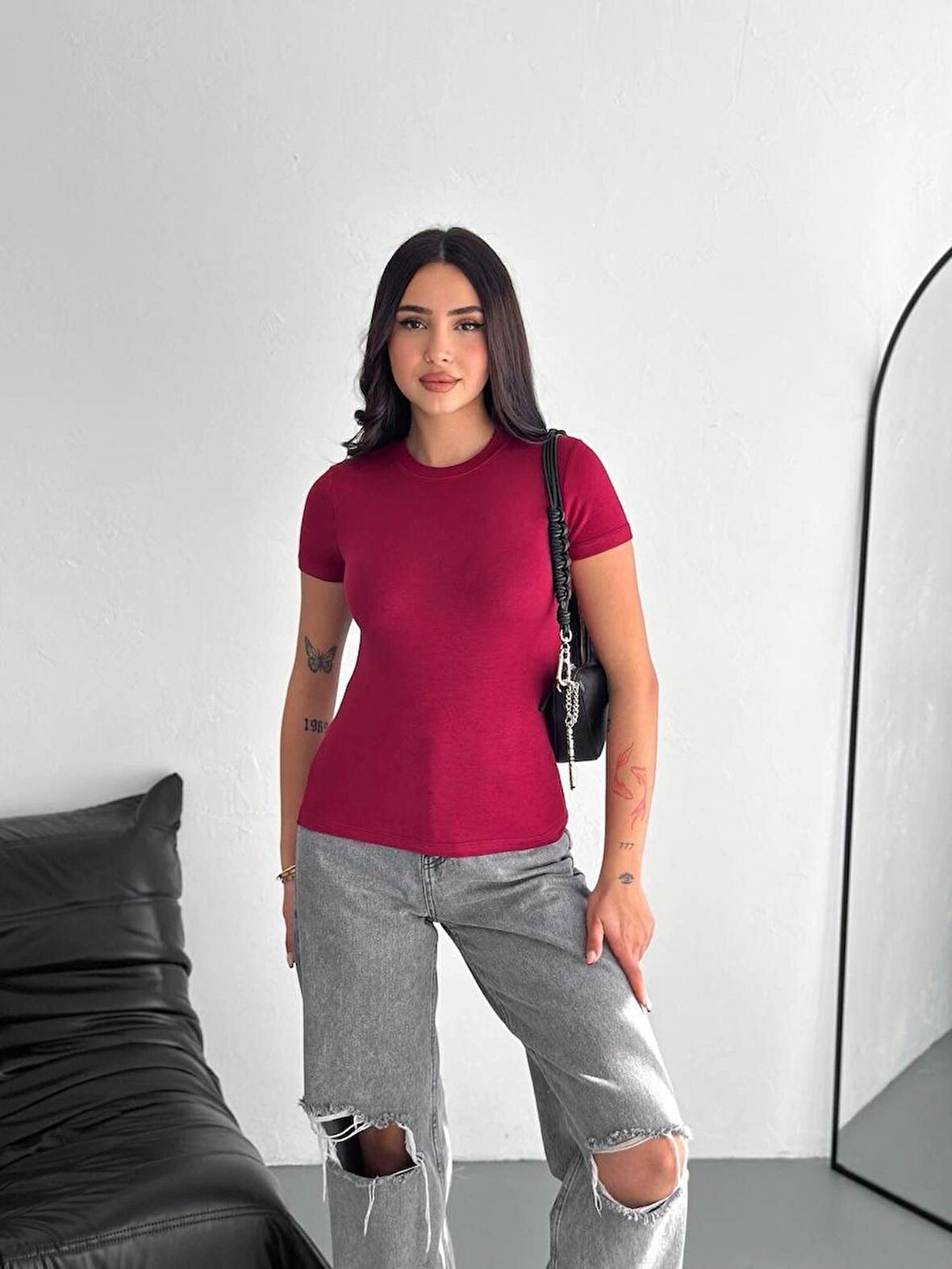 Modal kumaş bisiklet yaka bordo tshirt