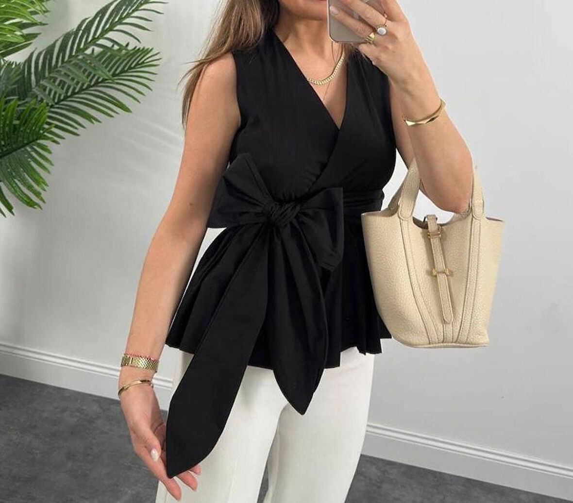 BYB Poplin kumaş kruvaze yaka siyah bluz