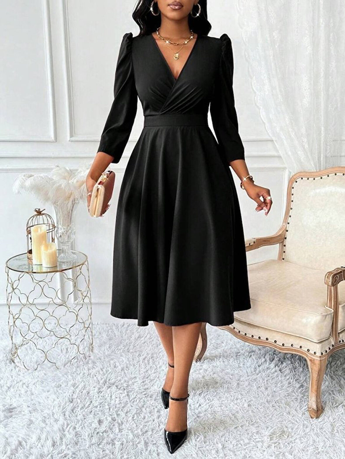 Kadın Uzun Kollu Kruvaze Yakalı Kiloş Ithal Krep Elbise