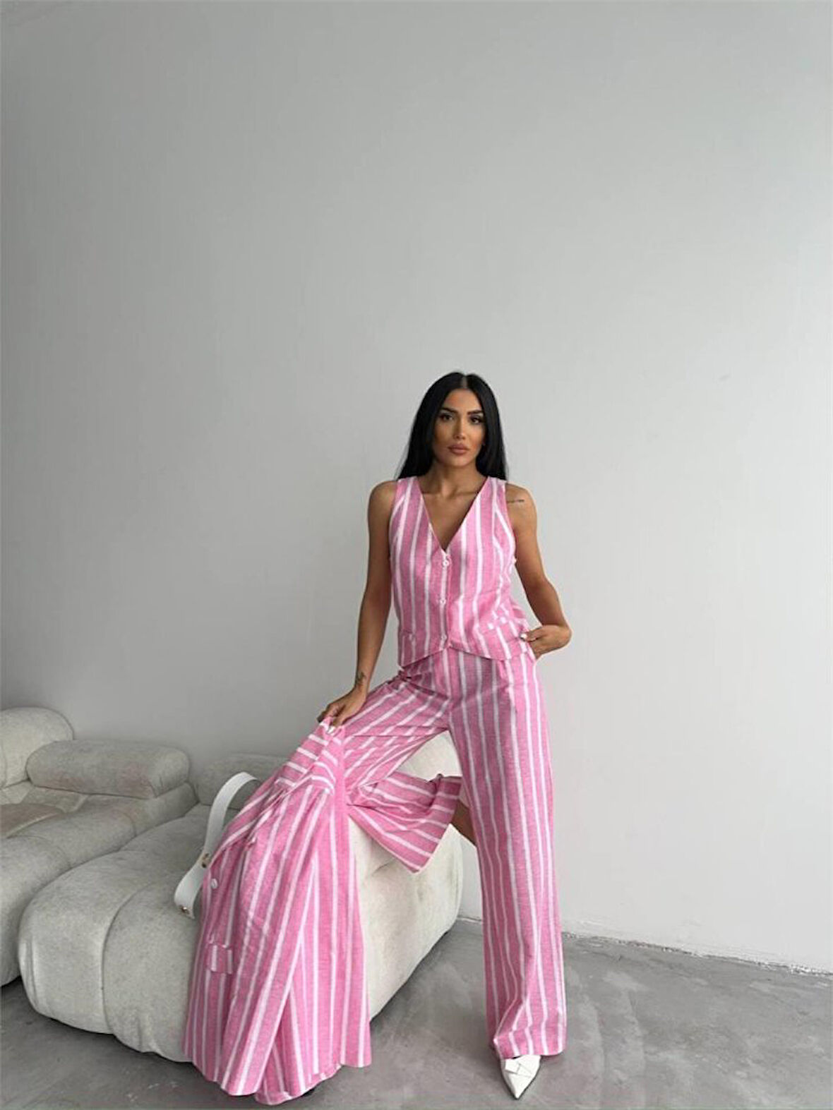 ÇİZGİLİ KETEN YELEK-PANTOLON TAKIM - Pembe