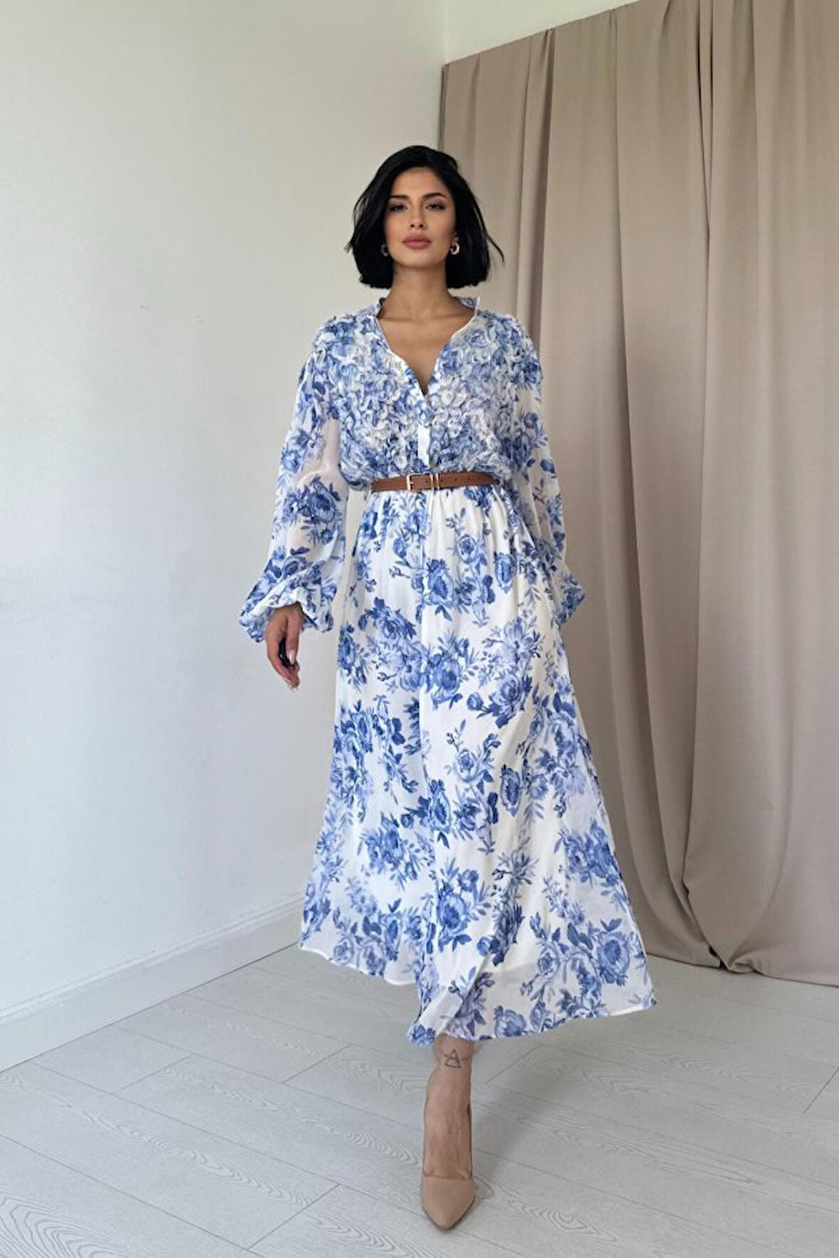 Mavi Biye Detaylı Elbise