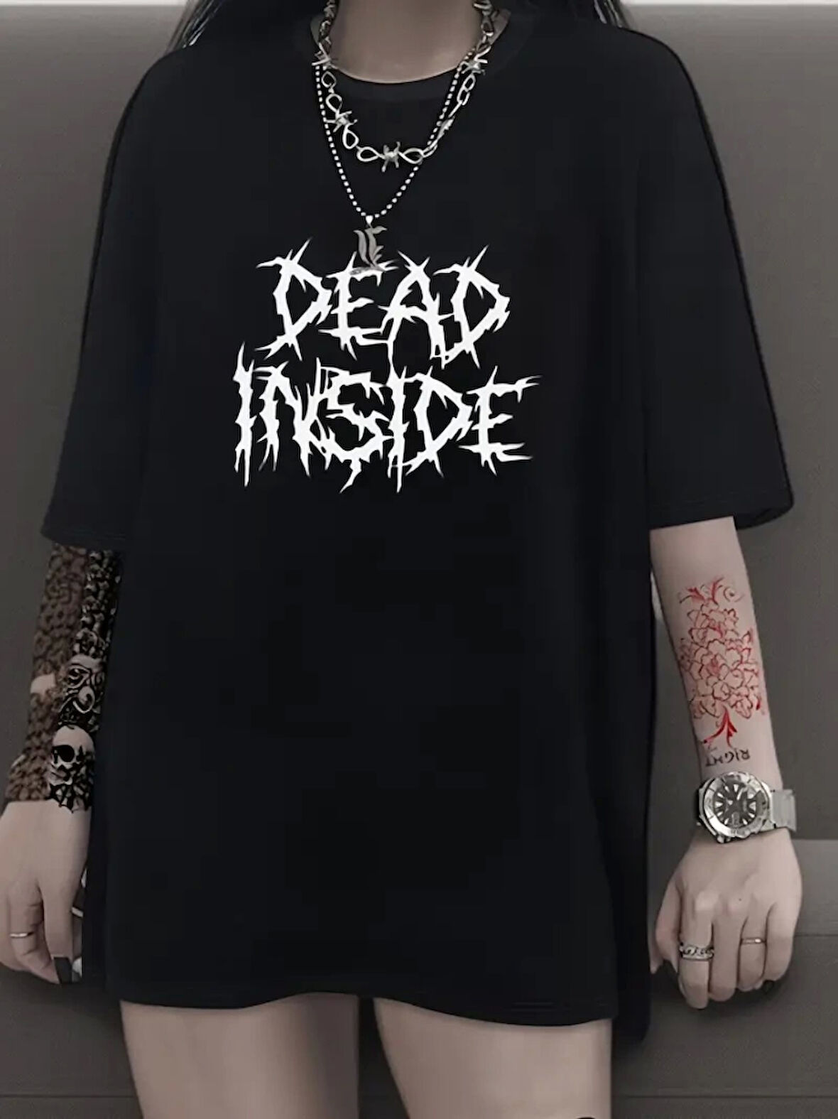 Baskılı Oversize Bisiklet Yaka T-shirt - Siyah