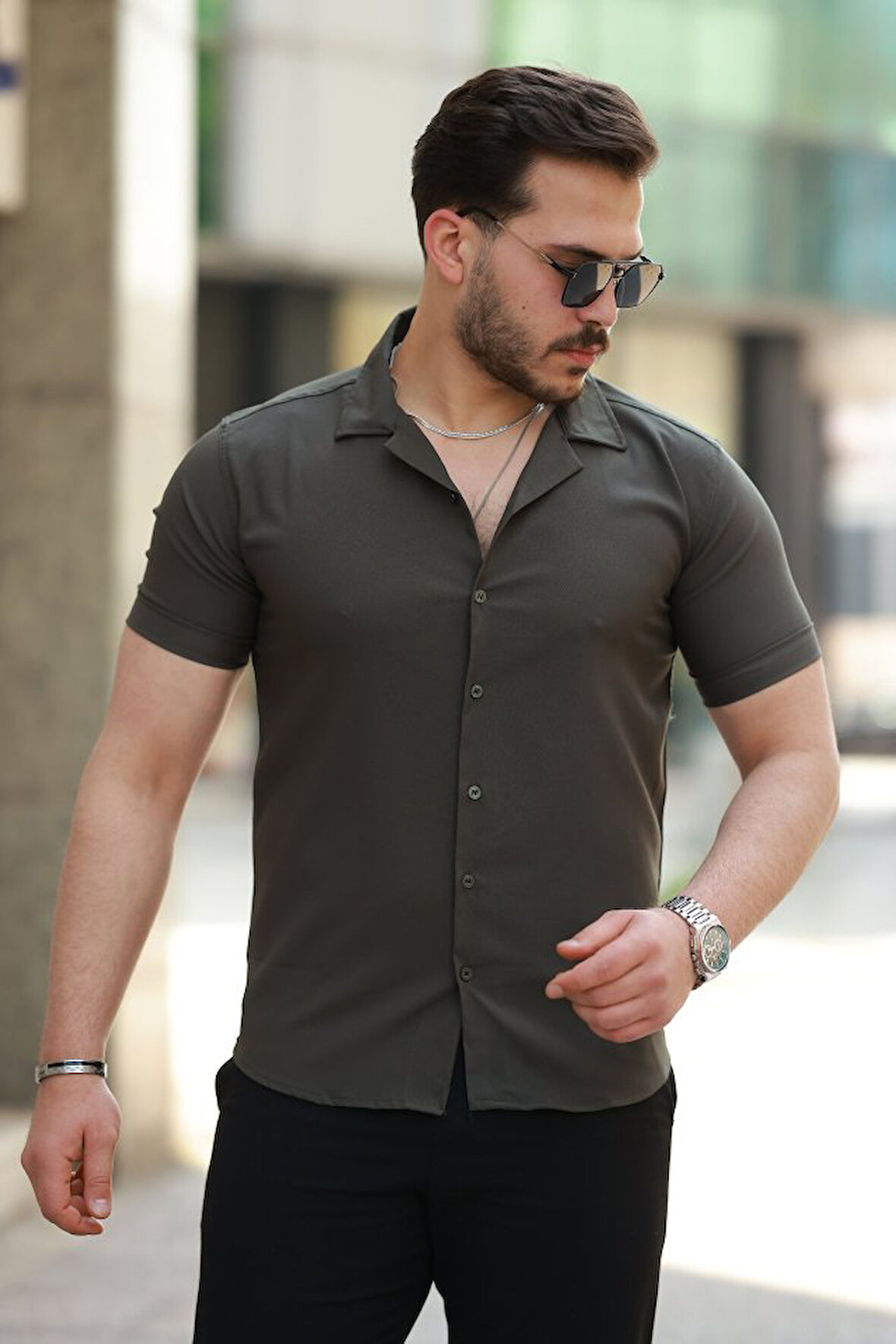 Erkek Apaj Yaka Kısa Kollu Gömlek