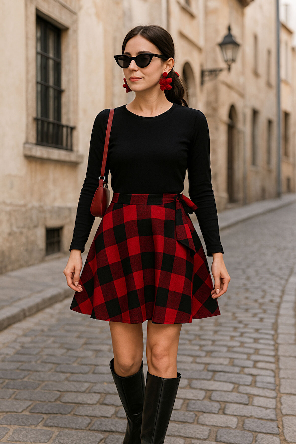 Kadın Uzun Kollu Bisiklet Yaka üst Viskon Alt Ekose Kısa Elbise