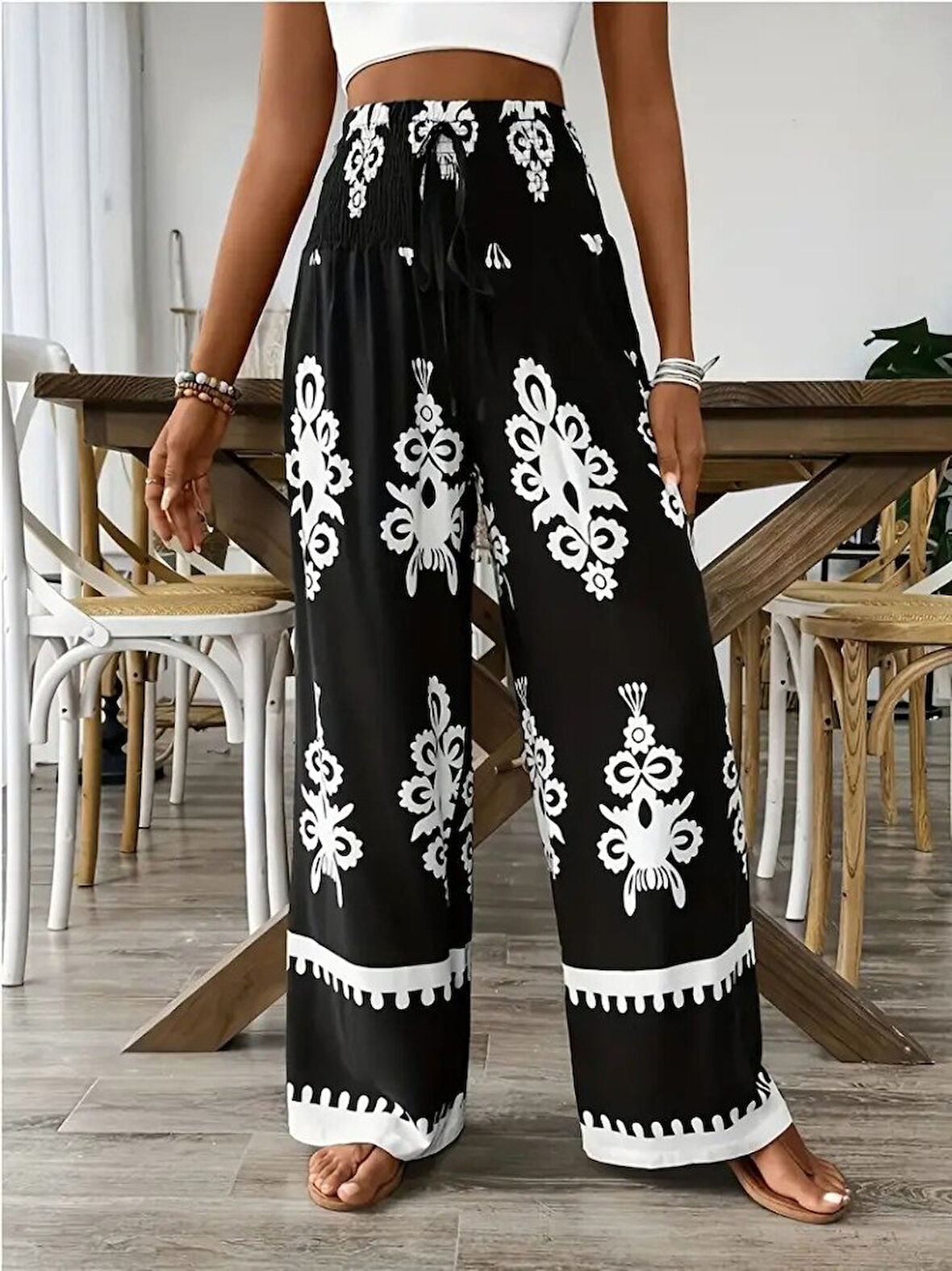 Kadın Yüksek Bel Büzgülü Etnik Desen Baskılı Süprem Pantolon