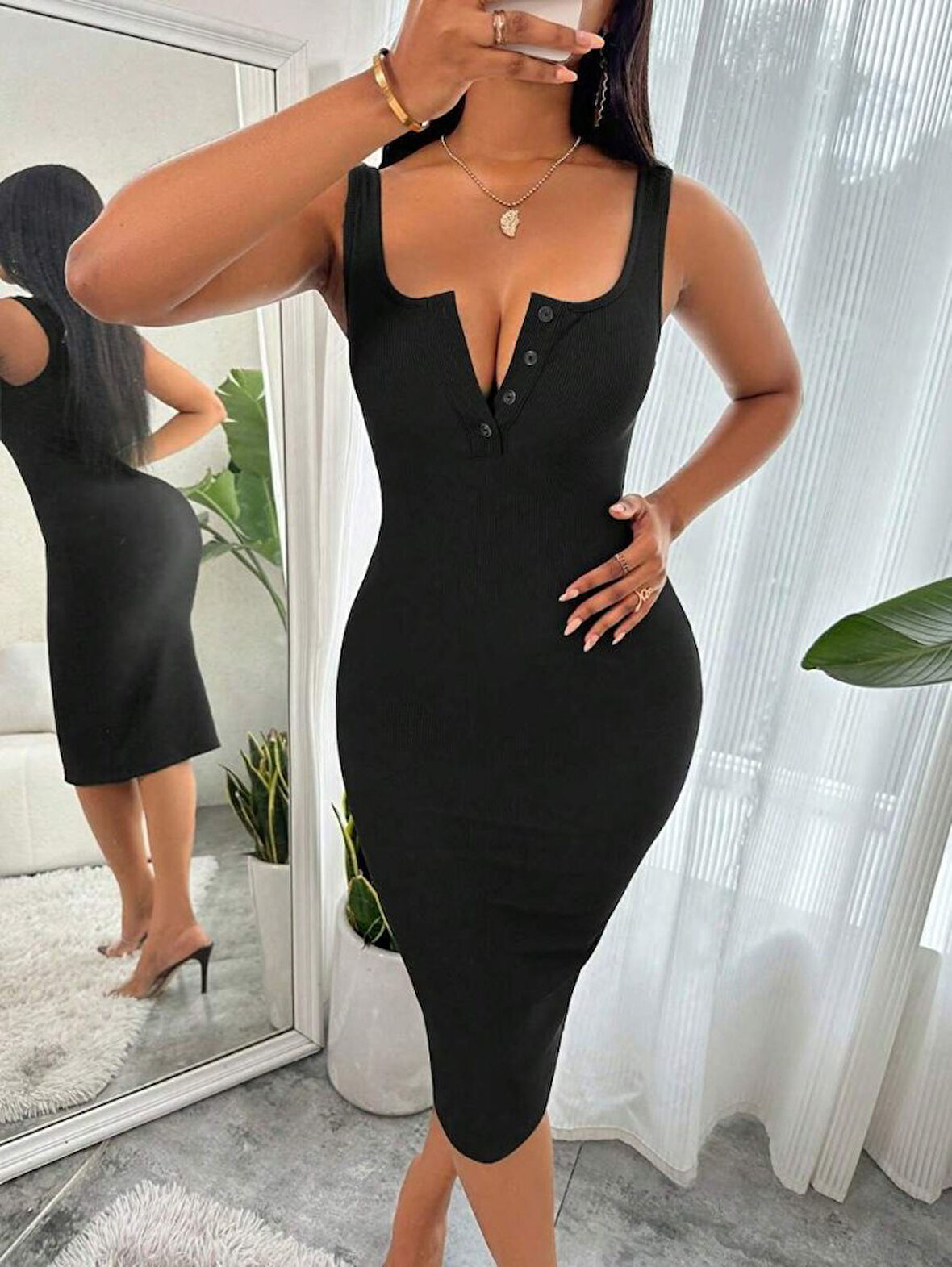 Kadın Askılı önü Düğmeli Midi Kaşkorse Elbise