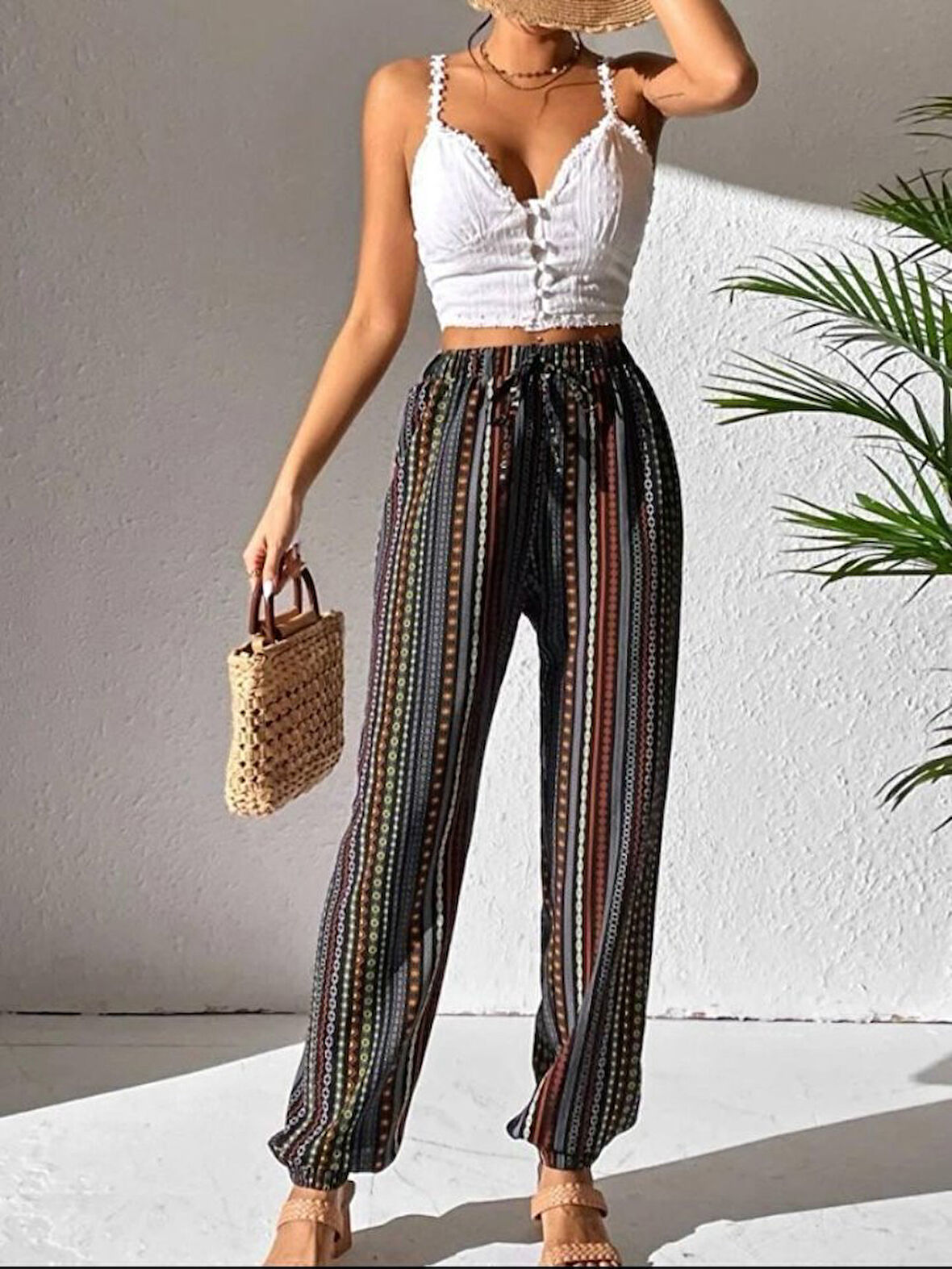 Kadın Moss Krep Kumaş Bel Ve Bilekler Lastikli Rahat Kesim Pantolon