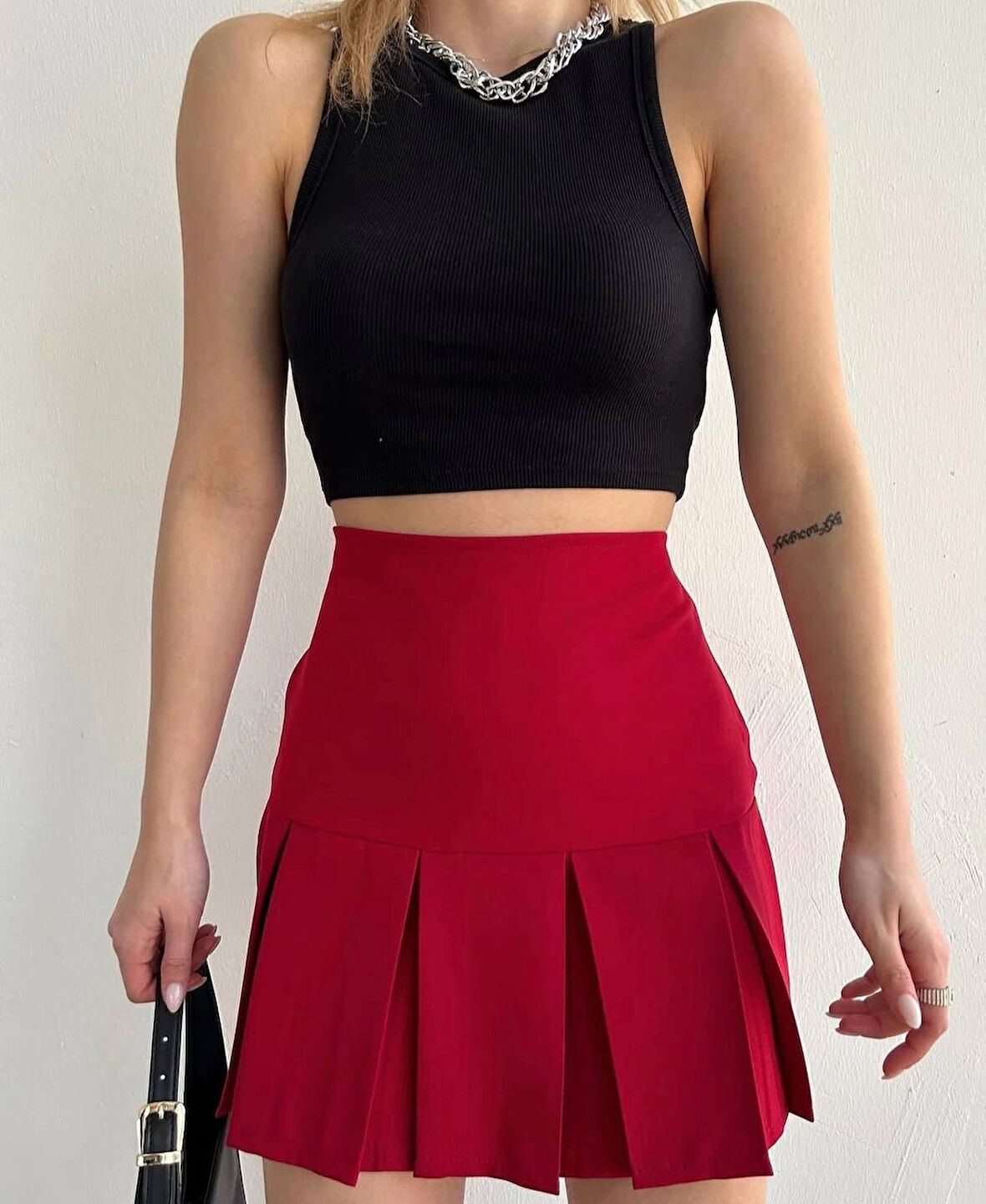 Altı geniş pileli etek bordo s24729