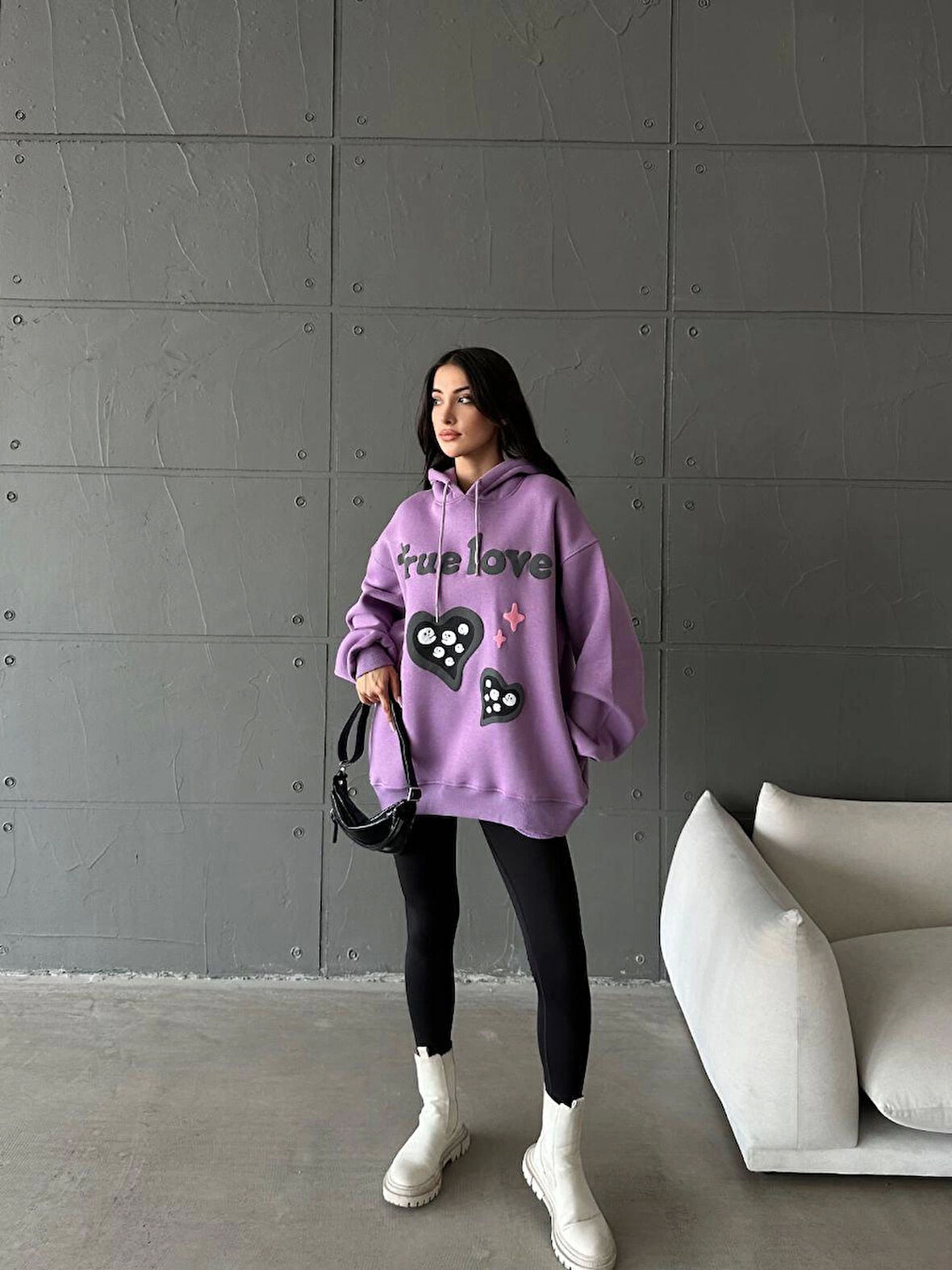 3 iplik şardonlu oversize true baskılı sweat mor