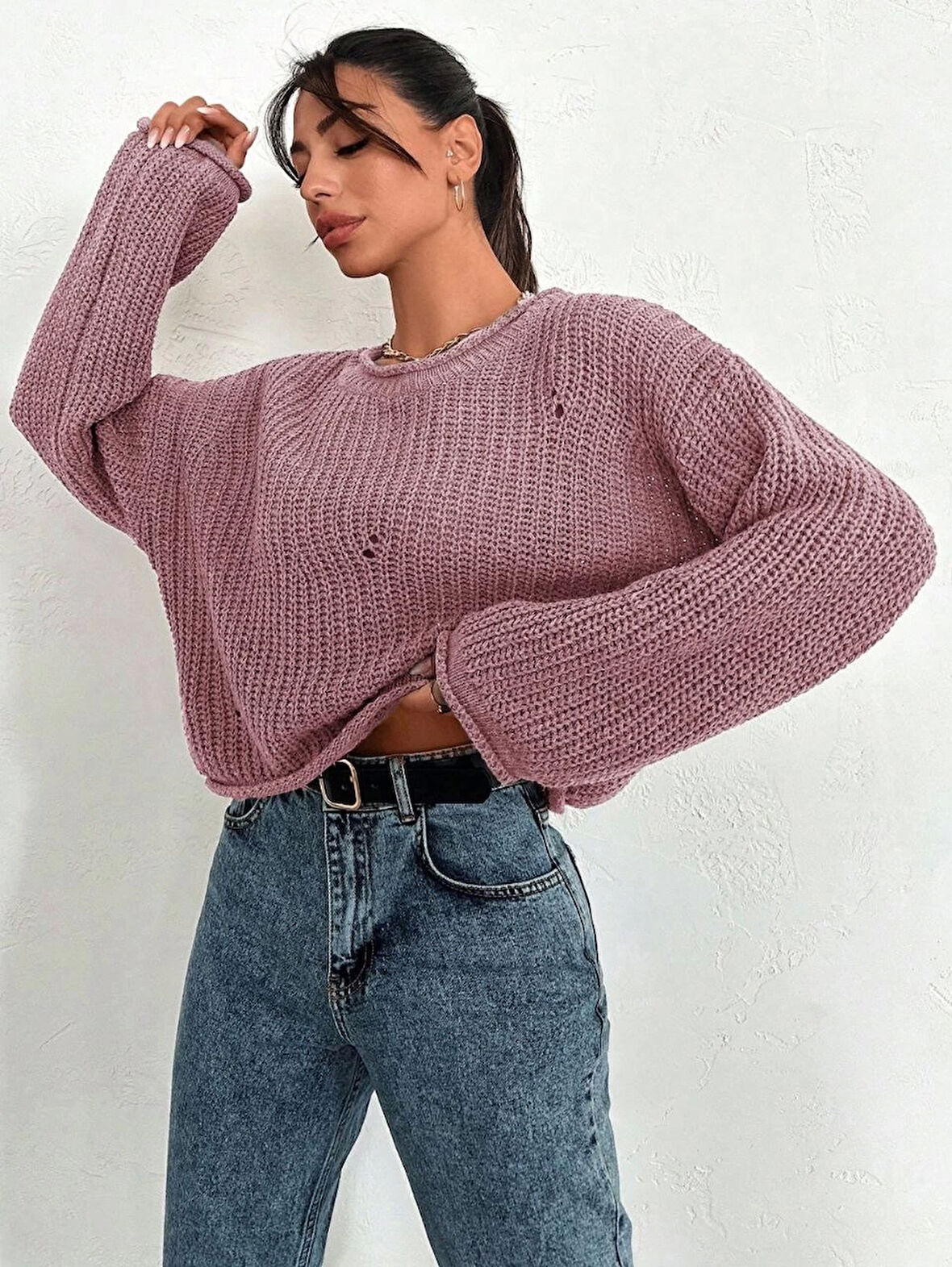 Salaş delik detaylı kazak pembe