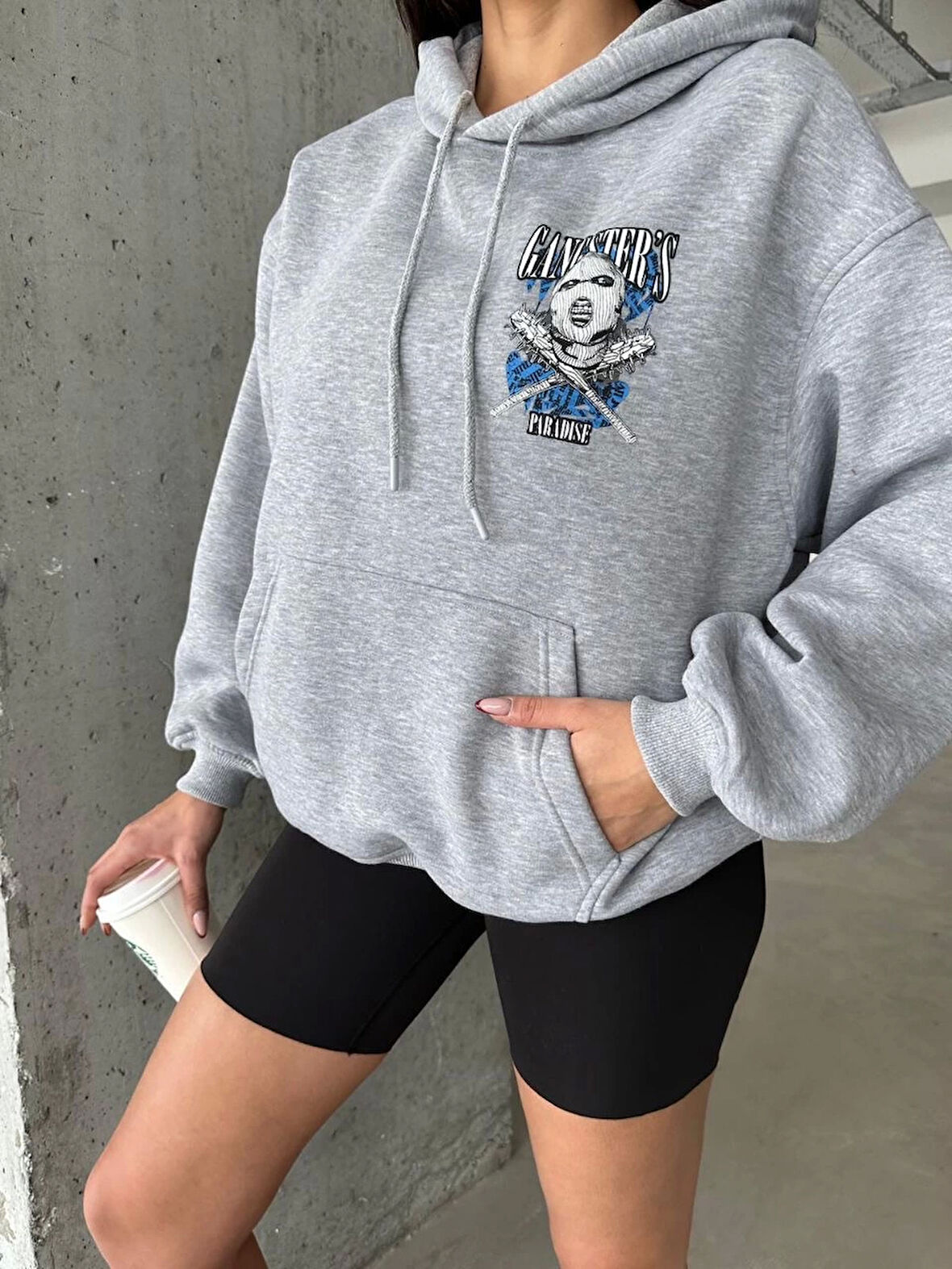 3 iplik şardonlu oversize kafa baskılı sweat gri