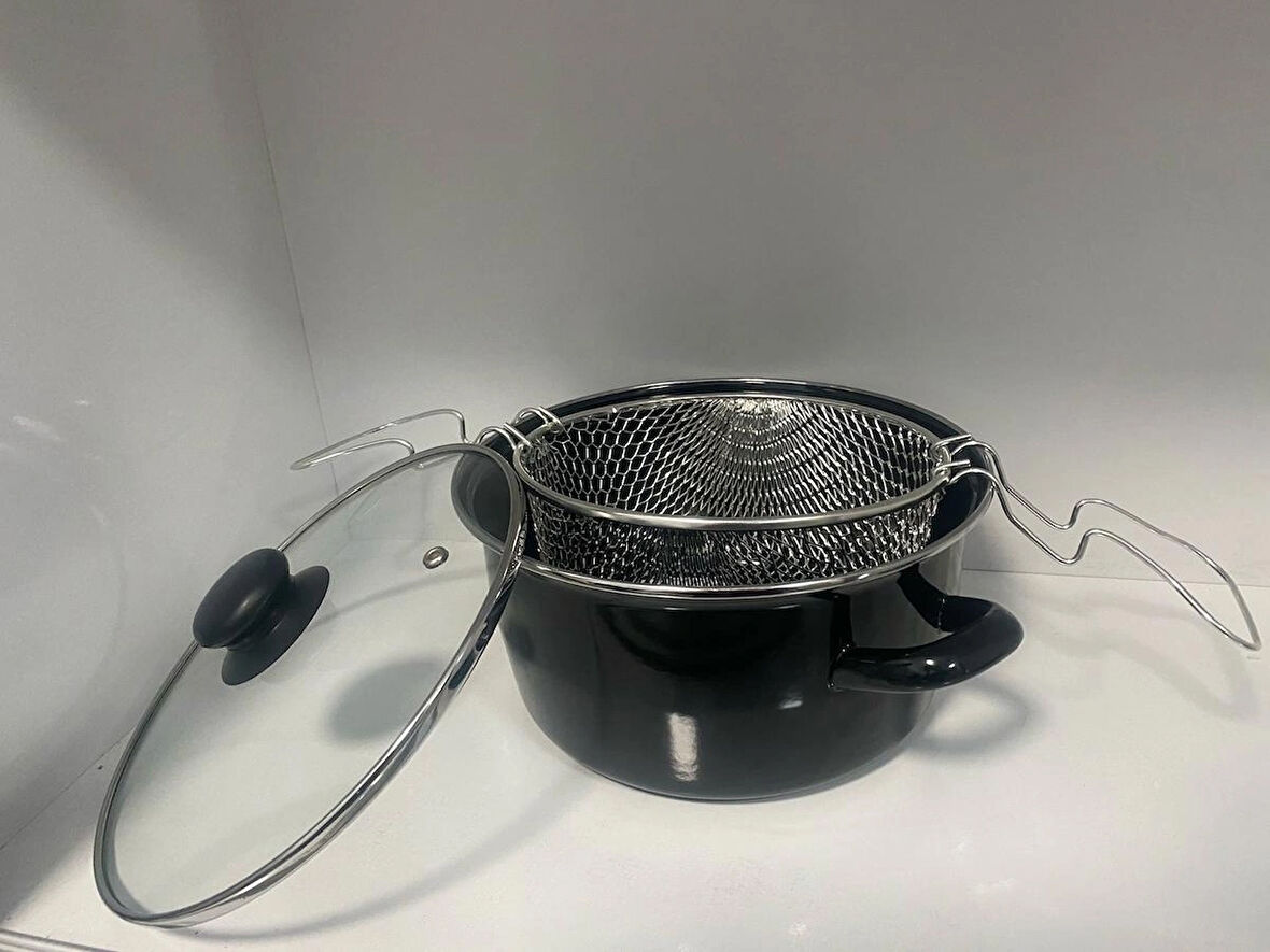 EMAYE KIZARTMA TENCERESİ  22CM CAM KAPAK 