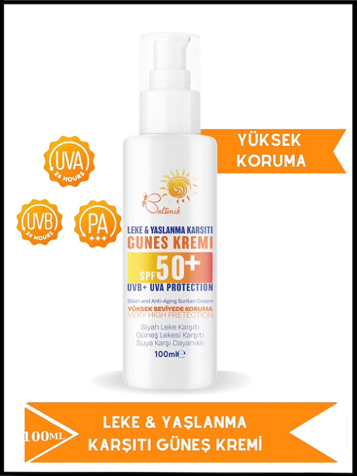 Yoğun Leke Karşıtı +50 SPF Yüksek Koruma Ton Eşitleyici Aydınlatıcı 100 ML Yüz ve Vücut  Güneş Kremi