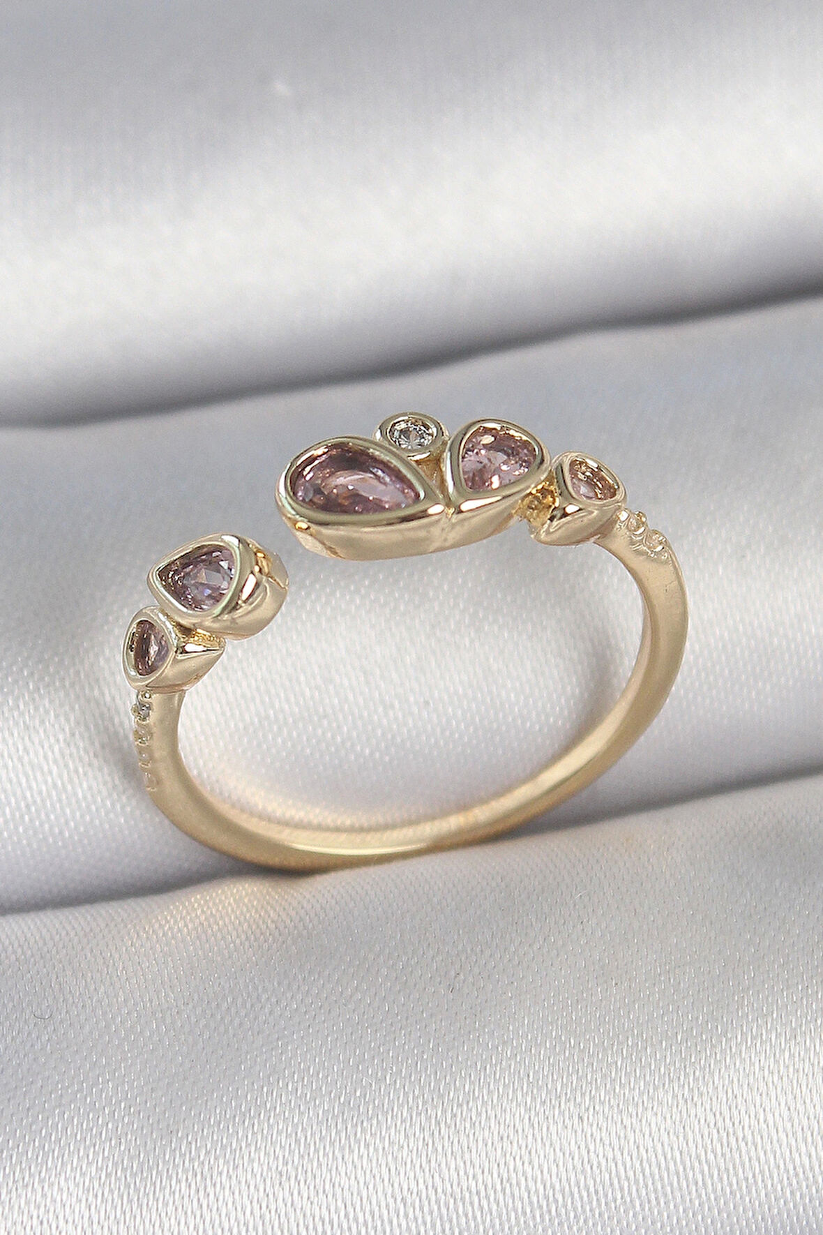 Pirinç Gold Renk Pembe Damla Zirkon Taşlı Ayarlanabilir Kadın Yüzük