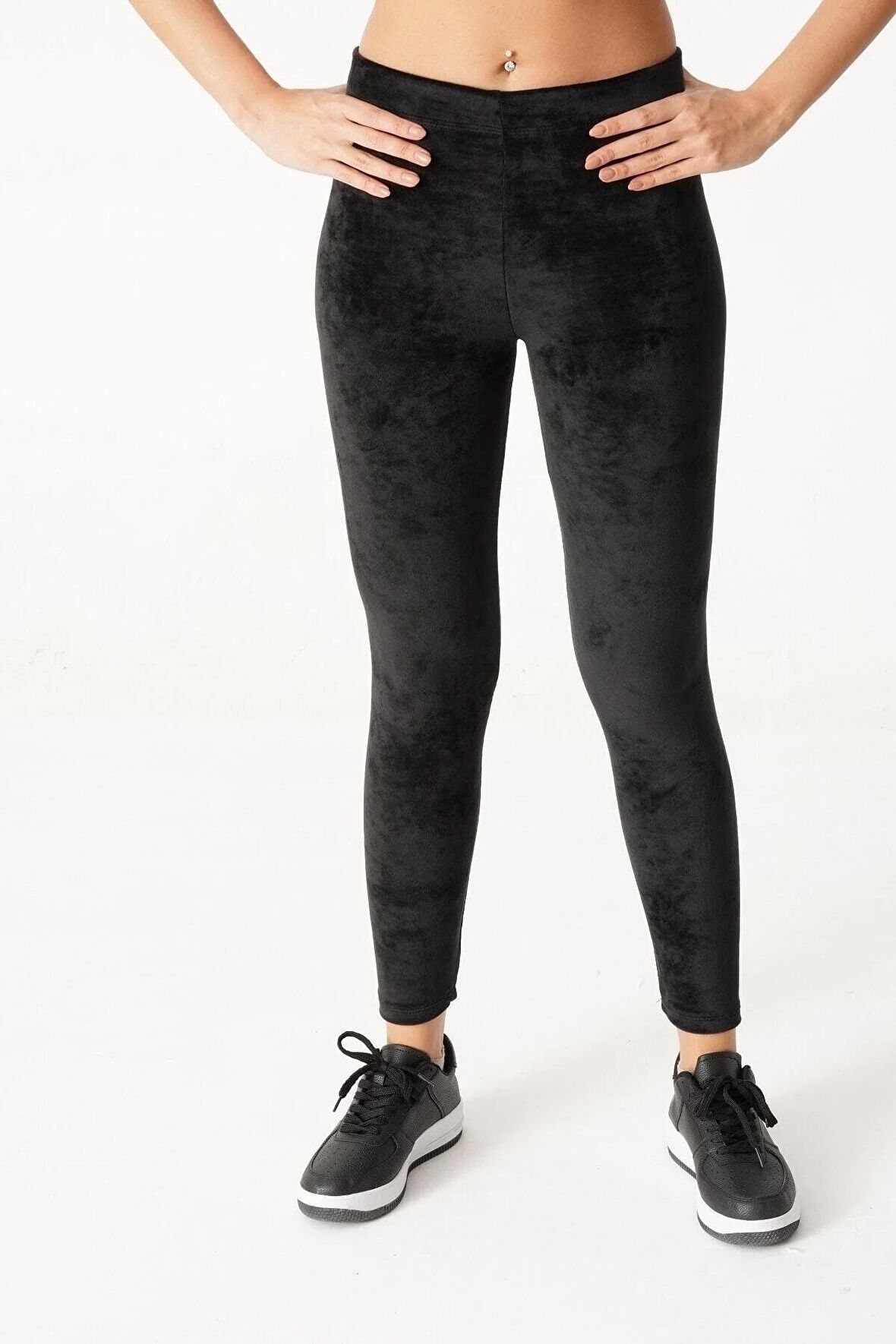 Mdz Collectıon Düz Kadife Yüksek Bel Siyah Tayt