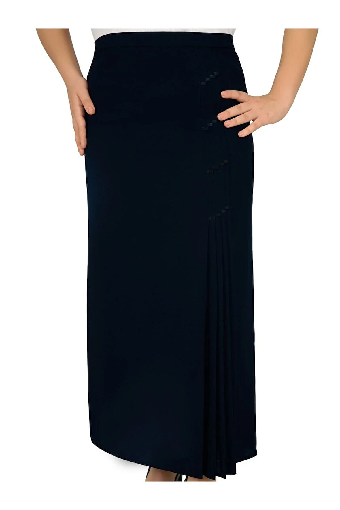 Tesettür Büyük Beden Deri Detaylı Astarlı Pileli Portoriko Kumaş Anne Eteği