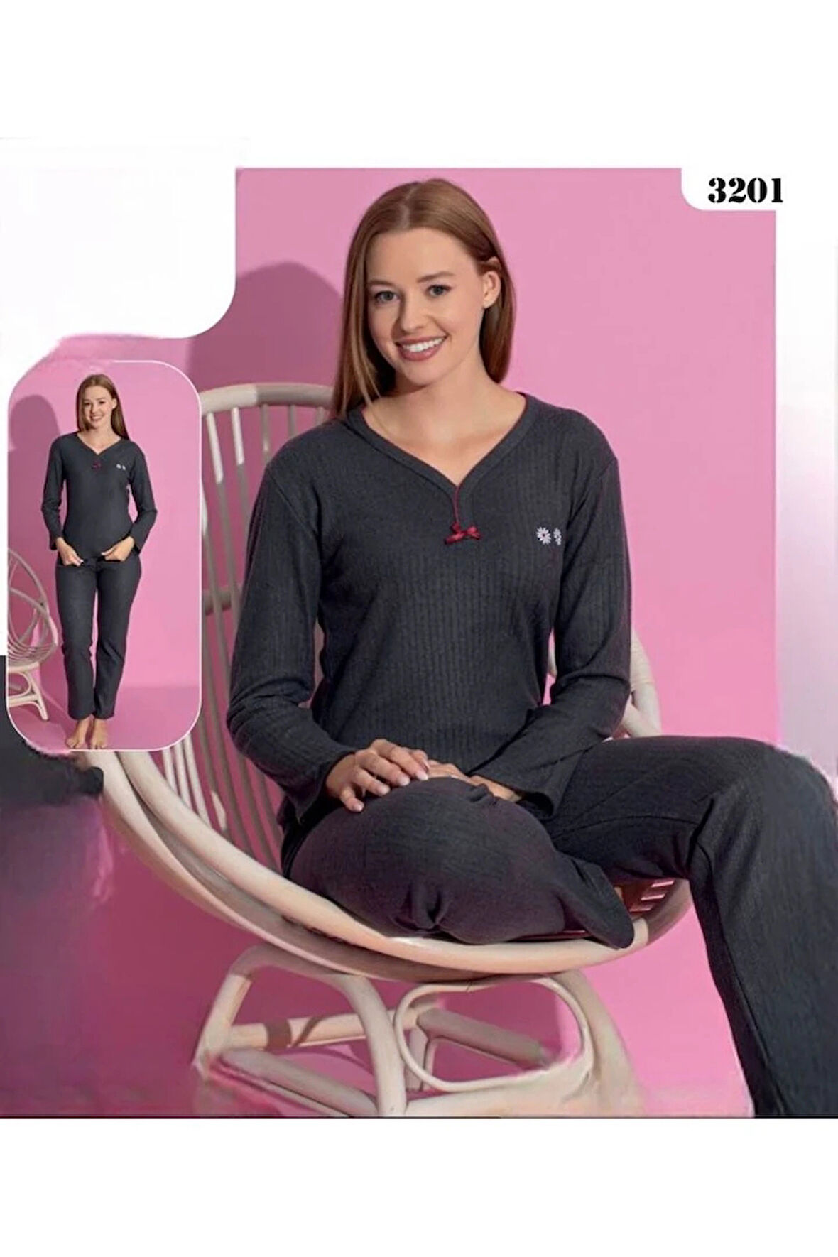 MLALE Füme Kalın Raporlu İnterlok Kadın Pijama Takımı 1303-3201