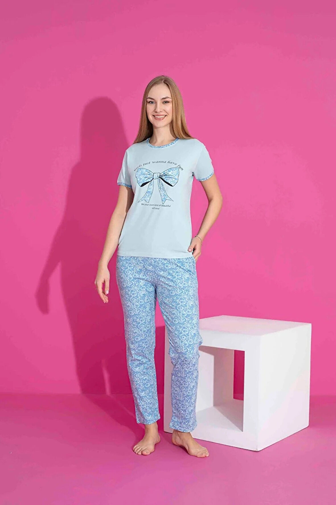 TARP Mavi Fiyonk Baskılı Anne Pijama Takımı 2974-M