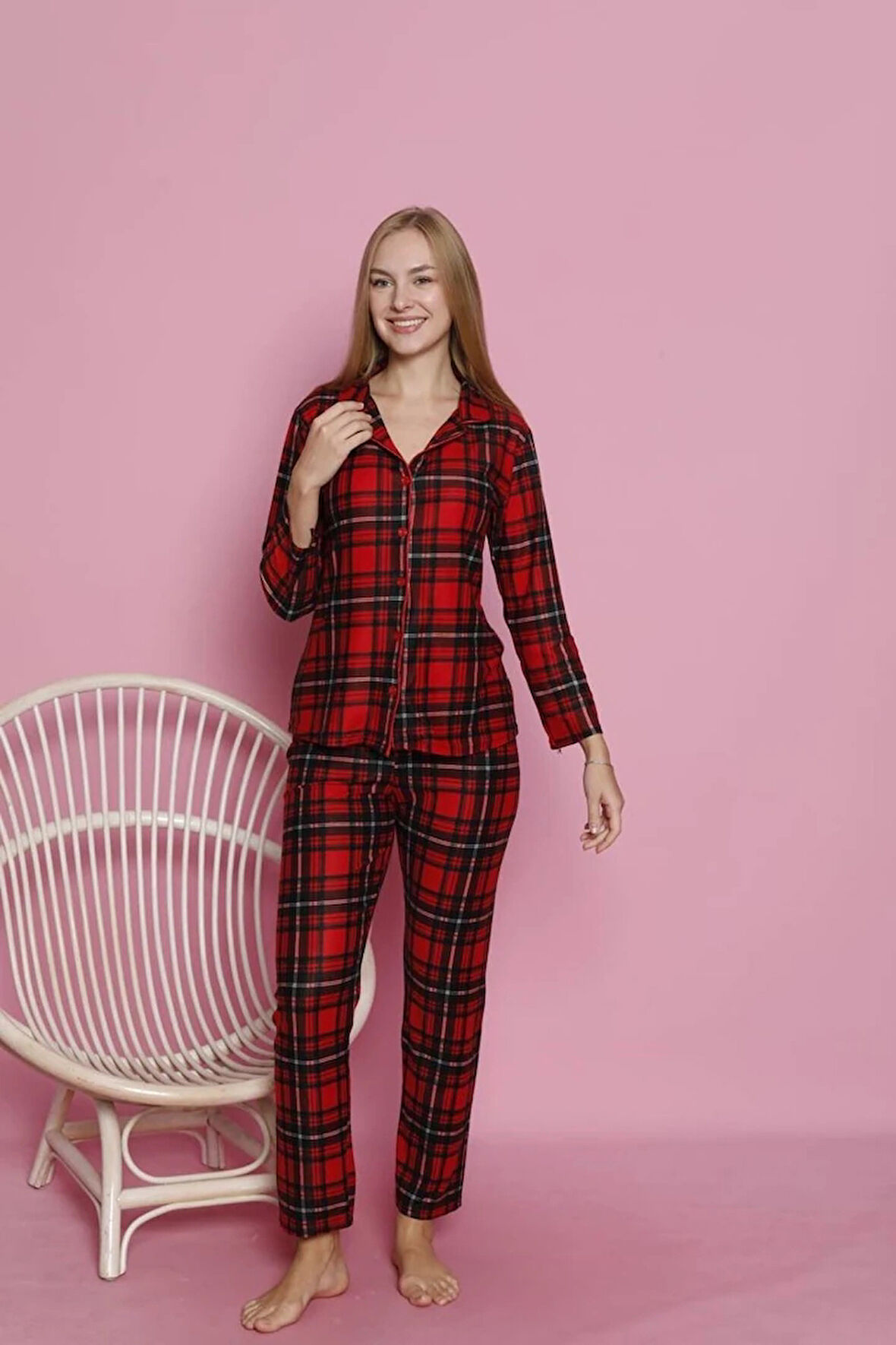 MLALE Kırmızı Ekose Desenli Süet Kadın Pijama Takımı 3210