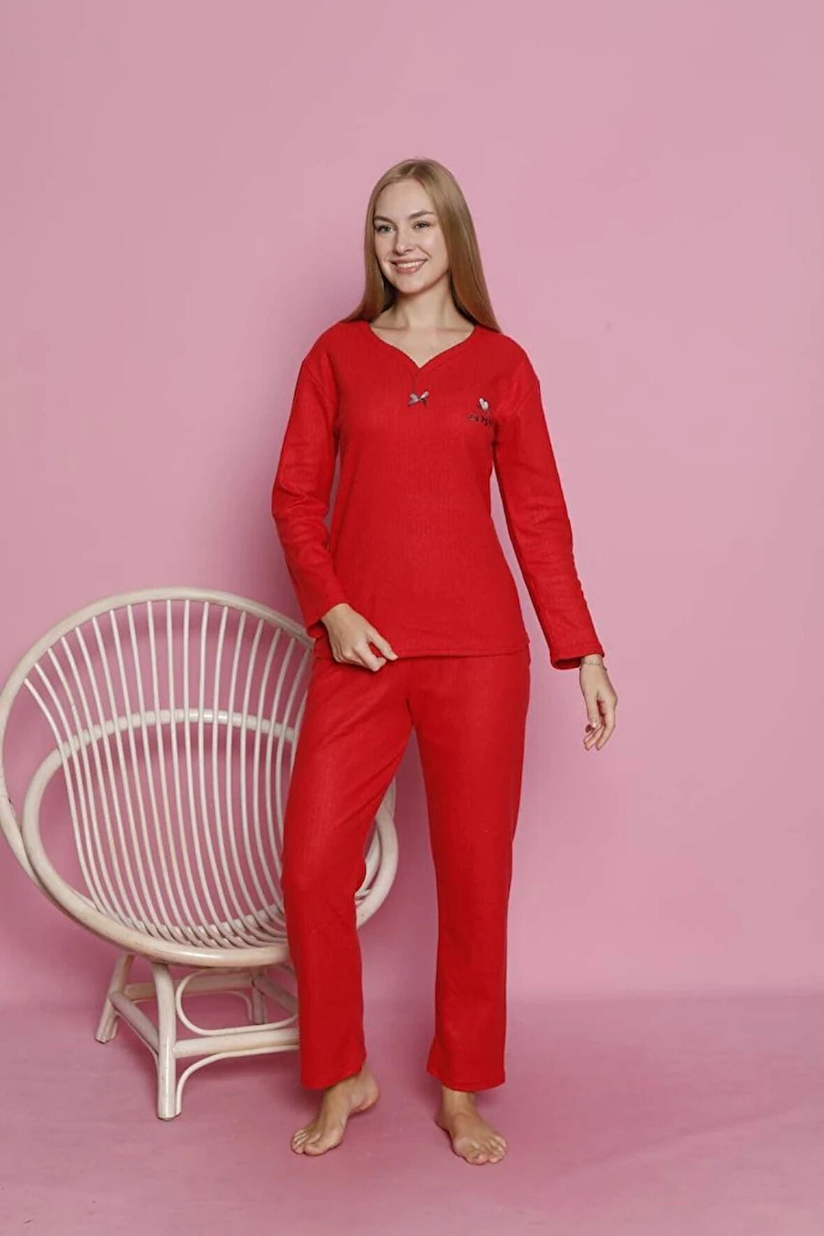 MLALE Kırmızı Kalın Raporlu İnterlok Kadın Pijama Takımı 3212