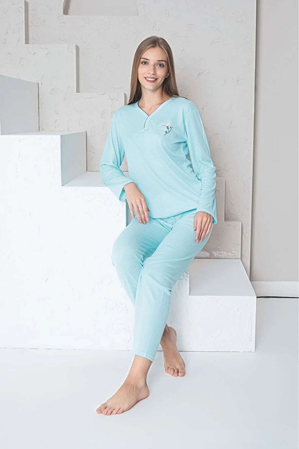 MLALE Maviş İnce Fitilli Raporlu İnterlok Kadın Pijama Takımı 5151-MA