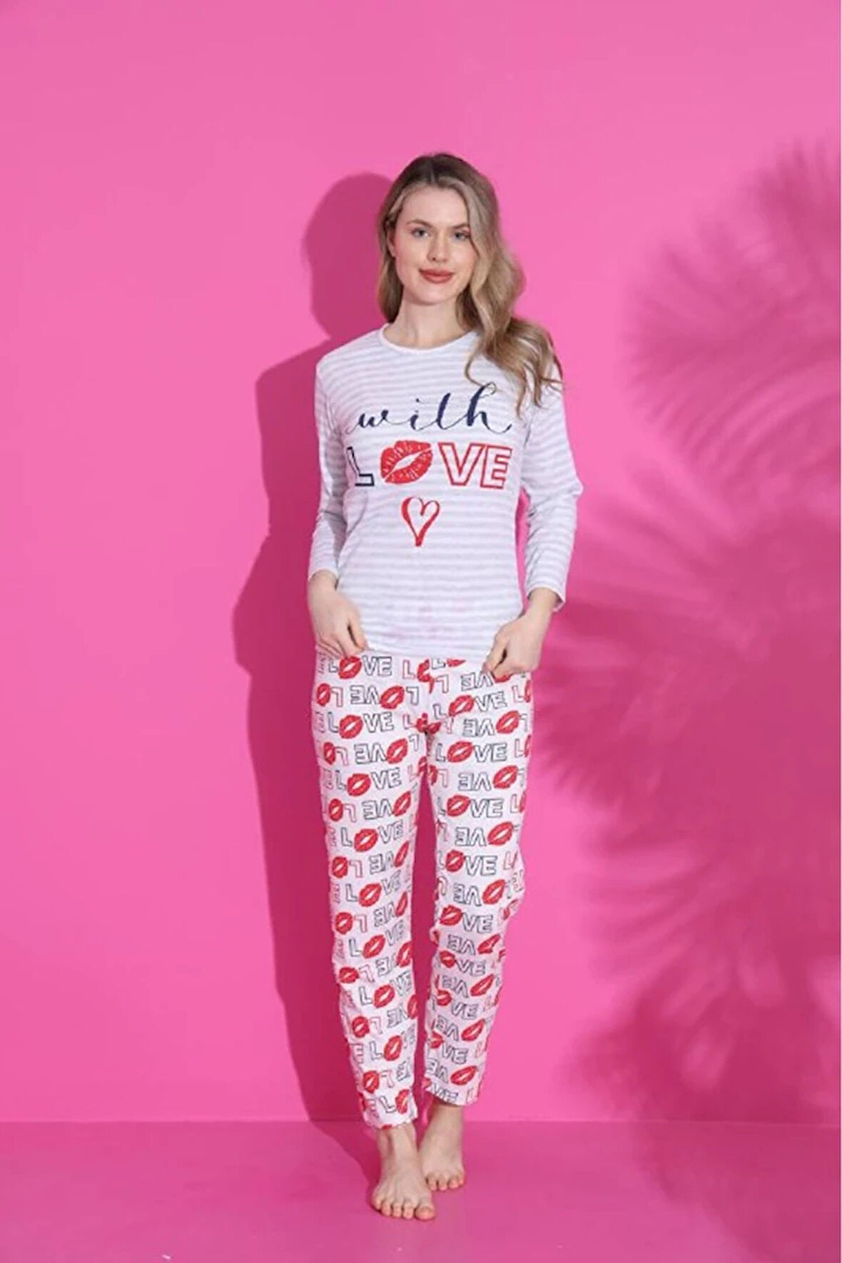 MLALE Milk Love Desenli Suprem Kumaş Uzun Kollu Kadın Pijama Takımı 1523-K