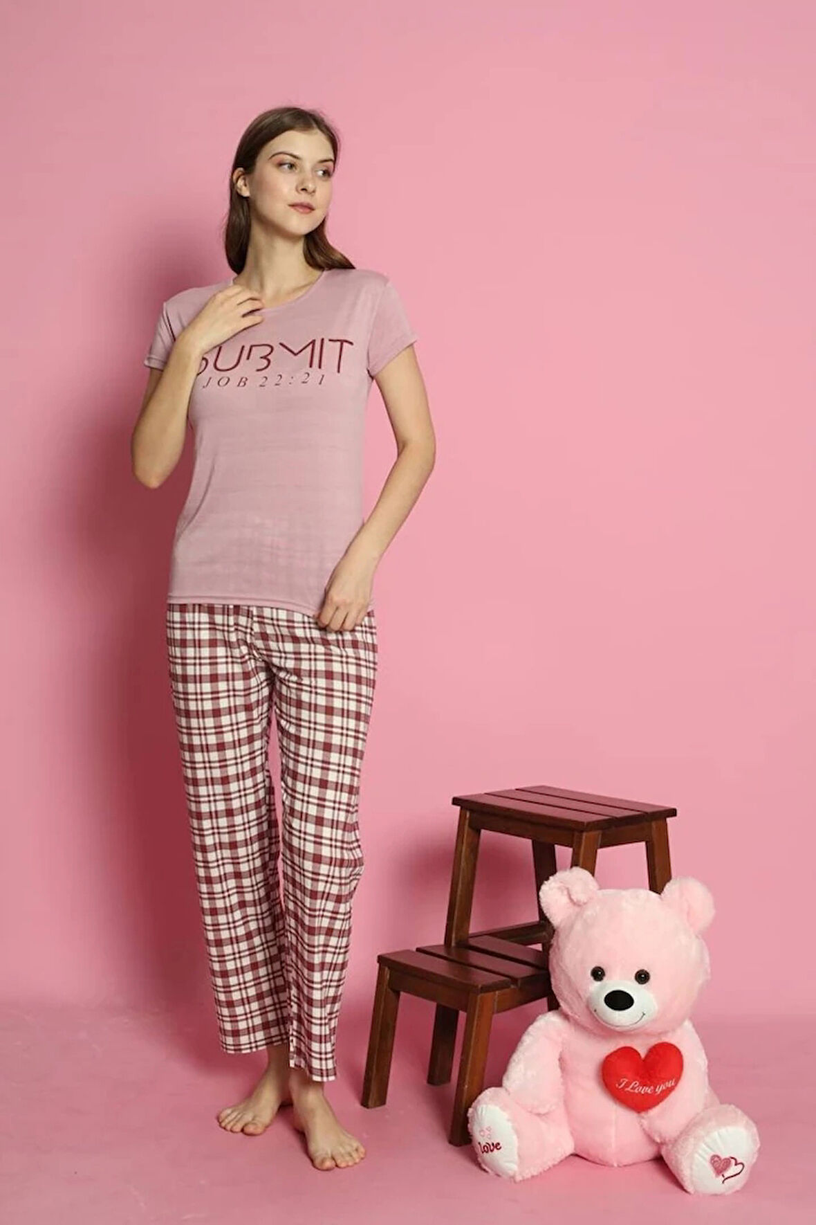 MLALE Submıt Desenli Suprem Kumaş Kısa Kollu Kadın Pijama Takımı 4000-K