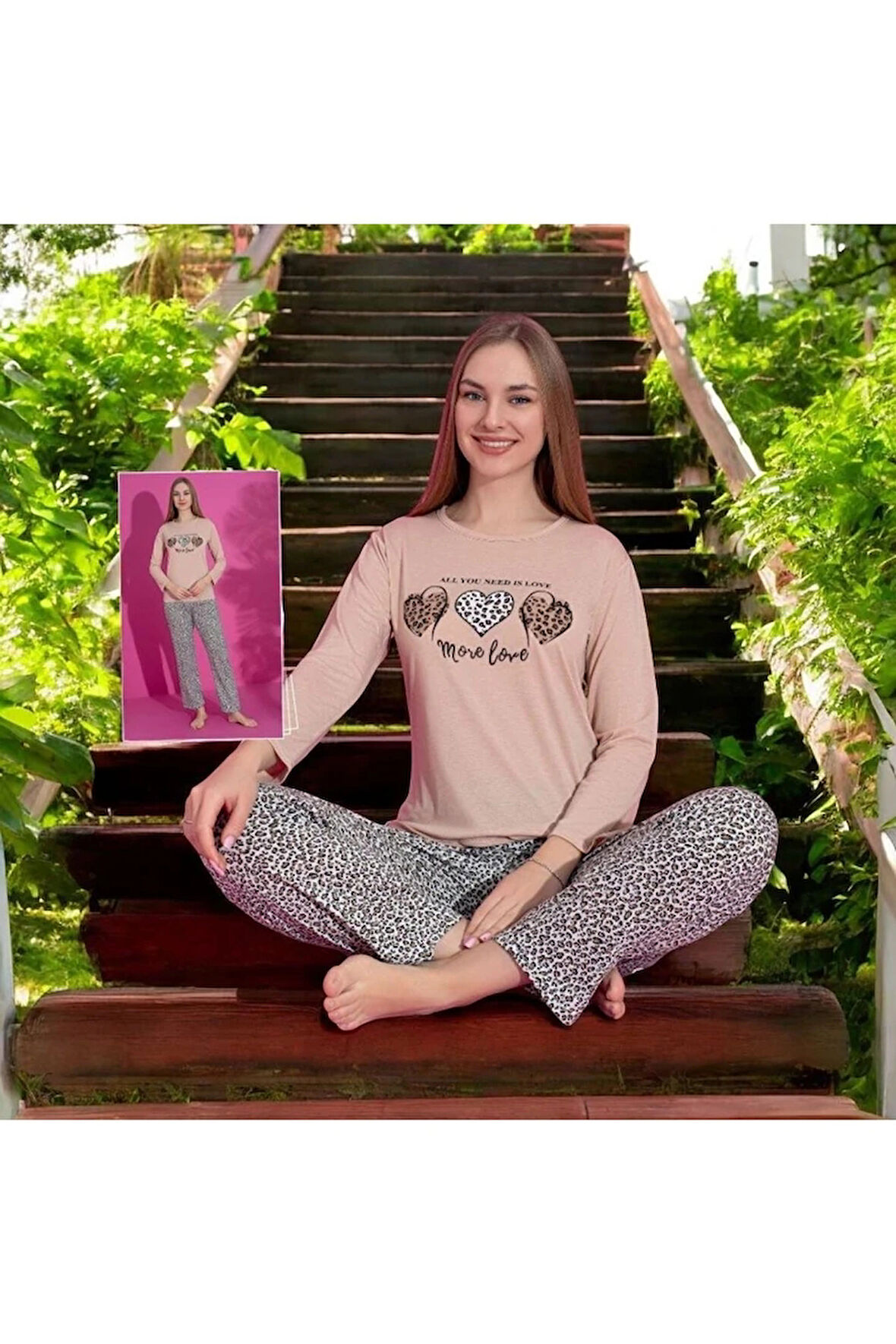 MLALE Leopar Kalp Desenli Suprem Kumaş Uzun Kollu Kadın Pijama Takımı 1498-L