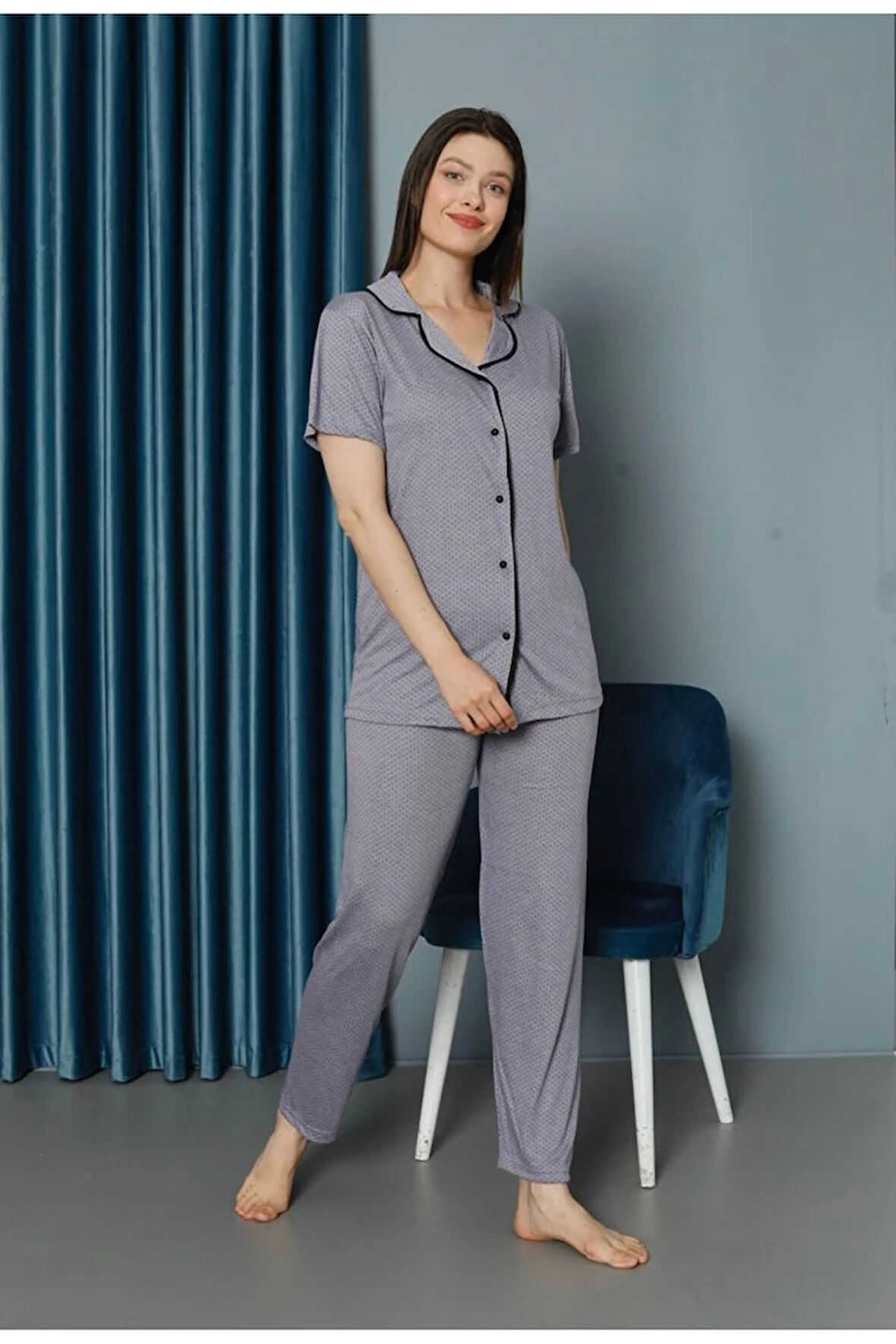 IŞILAY Lila Önden Düğmeli Noktalı Viskon Kumaş Kısa Kollu Kadın Pijama Takımı 15700-L