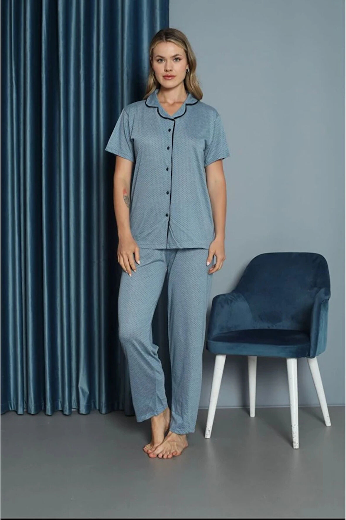 IŞILAY Mavi Önden Düğmeli Noktalı Viskon Kumaş Kısa Kollu Kadın Pijama Takımı 15700-M