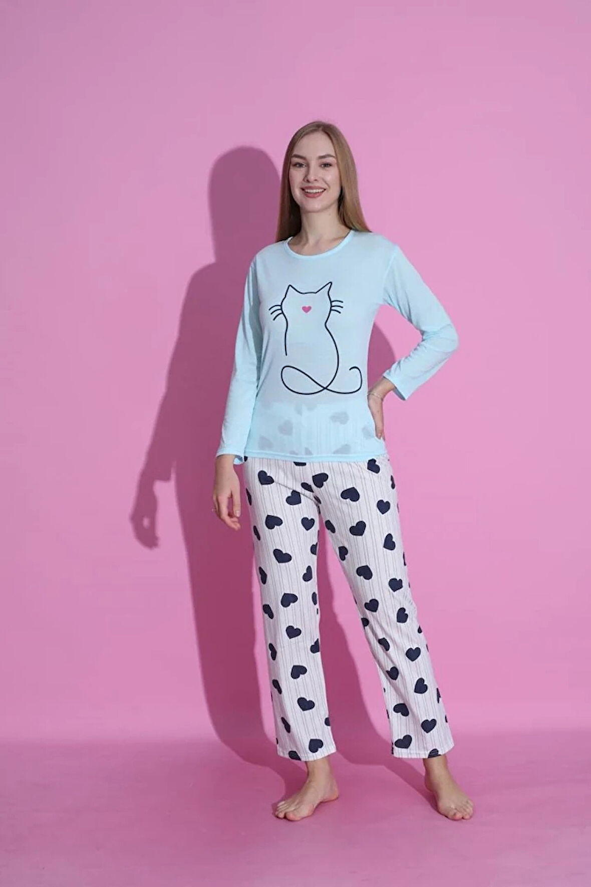 MLALE Kedicik Desenli Suprem Kumaş Uzun Kollu Bayan Pijama Takımı 3408-M