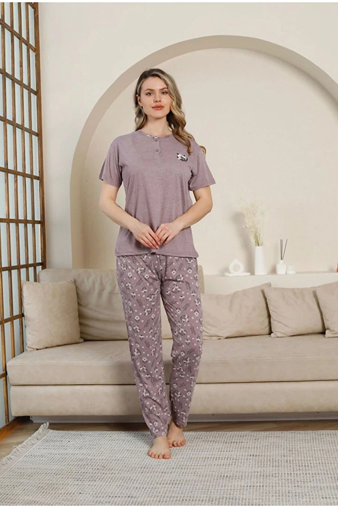 GLİSA Mürdüm Önden 2 Düğmeli Viskon Kumaş Kısa Kollu Kadın Pijama Takımı 5534-M