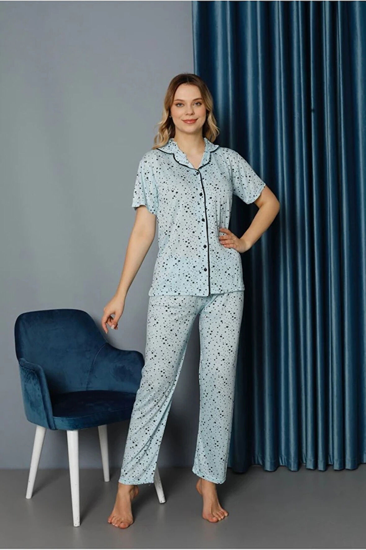 IŞILAY Mavi Önden Düğmeli Yıldızlı Viskon Kumaş Kısa Kollu Kadın Pijama Takımı 15638-M