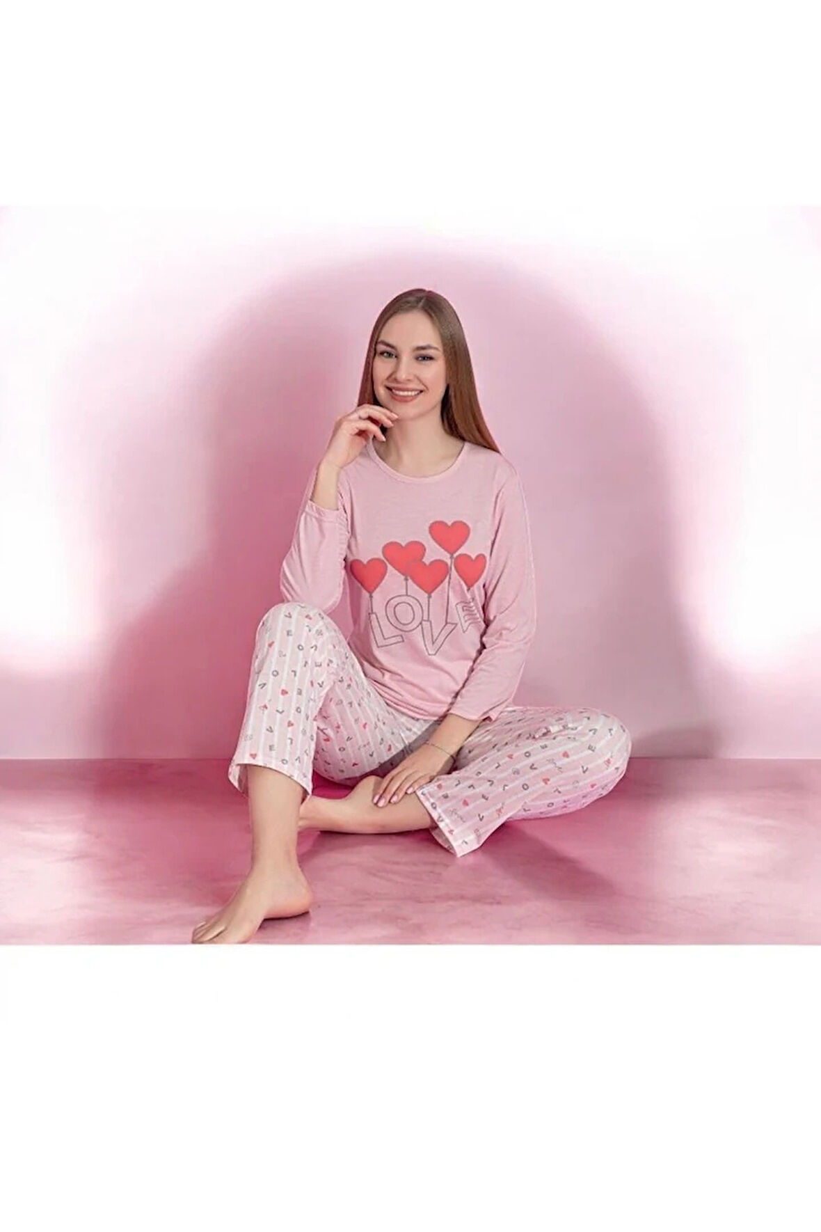 MLALE Pembe Kalp Desenli Suprem Kumaş Uzun Kollu Kadın Pijama Takımı 1494-P